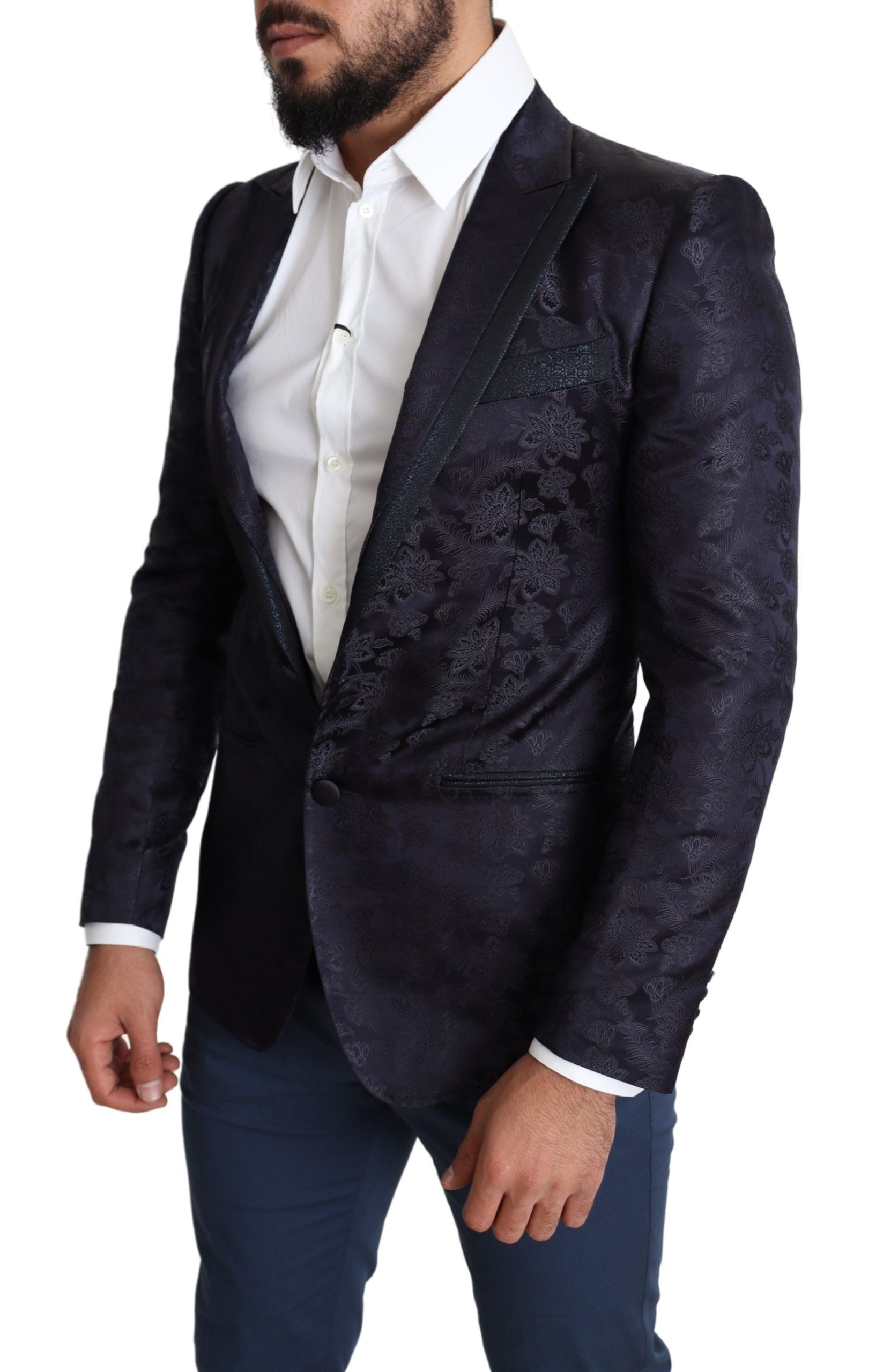 Manteau en jacquard de soie bleu à fleurs Dolce & Gabbana, style blazer Martini, détails élégants et finition raffinée