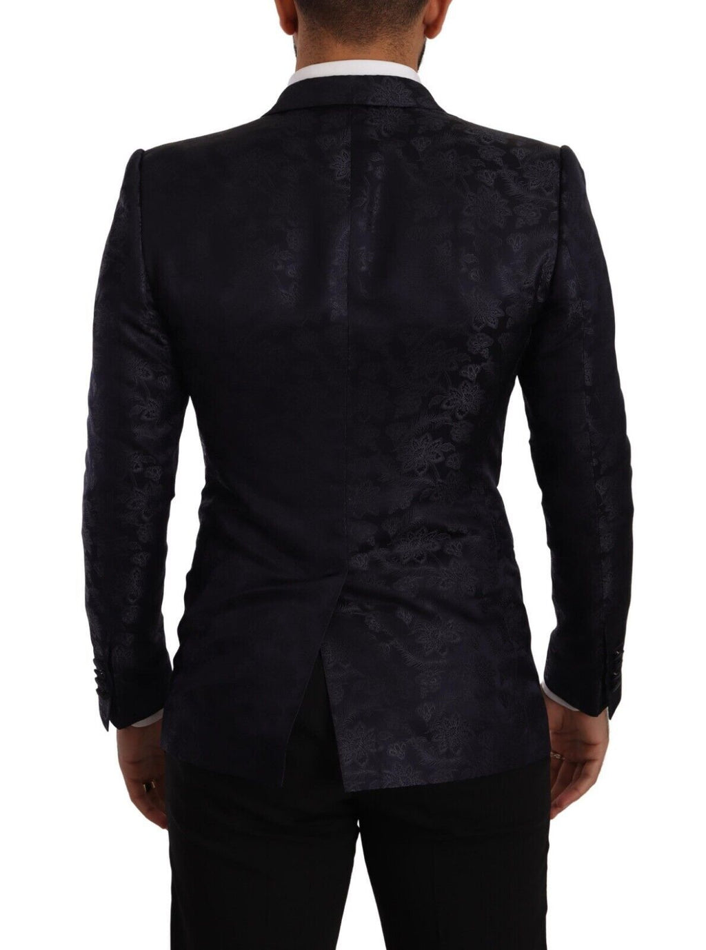 Manteau en jacquard de soie à fleurs bleues Dolce & Gabbana Martini blazer, détail de texture et design élégant.