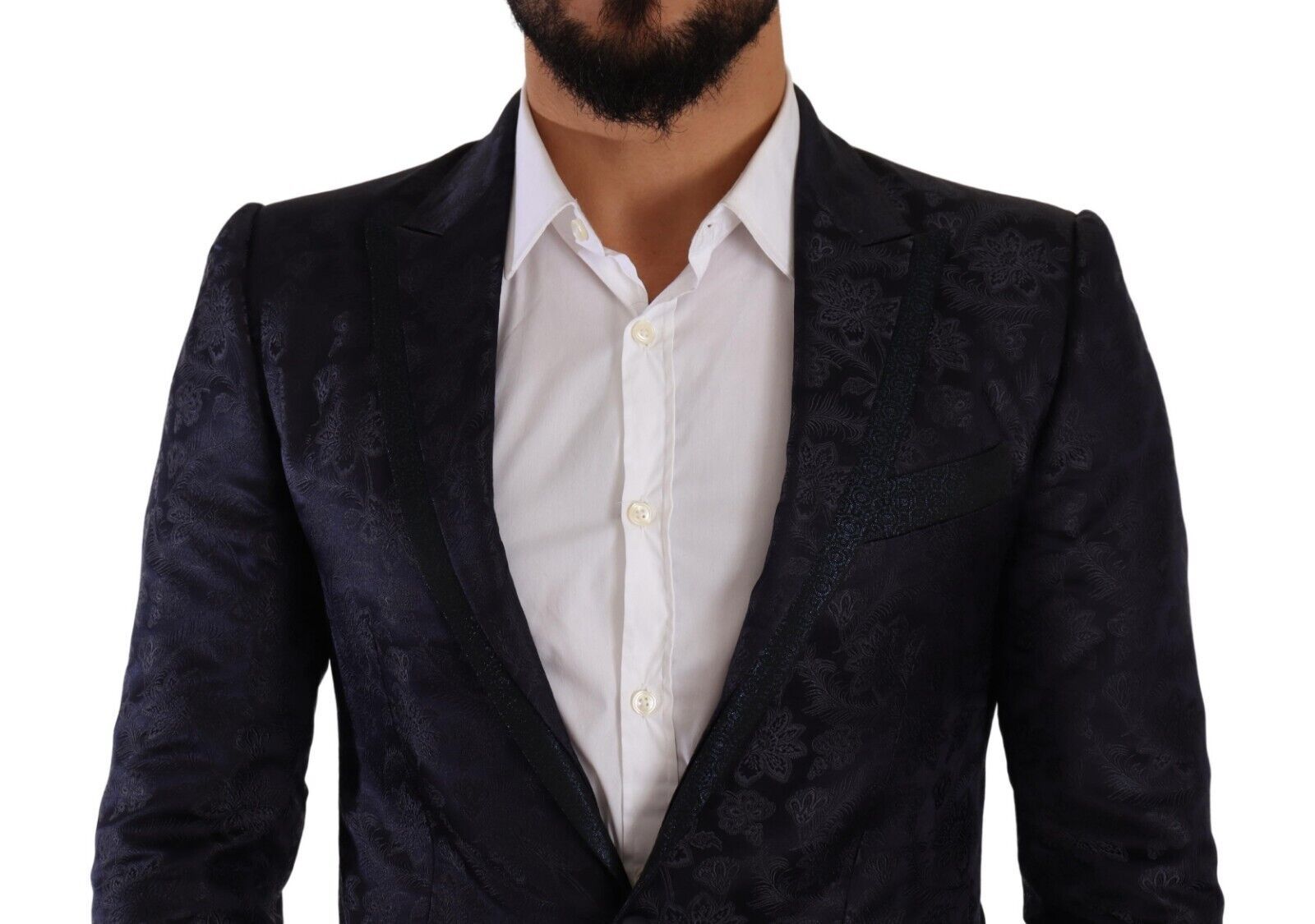 Manteau en jacquard de soie à motifs floraux bleus de Dolce & Gabbana, blazer Martini élégant et sophistiqué.