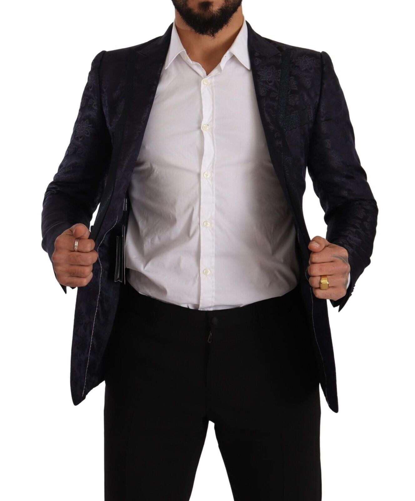 Manteau en jacquard de soie à fleurs bleues Dolce & Gabbana MARTINI Blazer, détail de motif floral élégant.