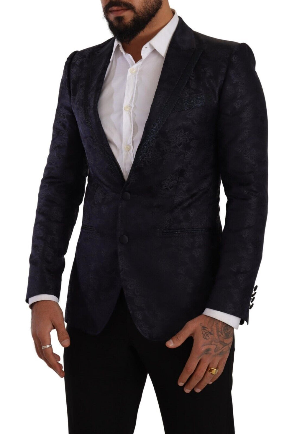Manteau en jacquard de soie bleu à fleurs Dolce & Gabbana, style blazer Martini avec motifs floraux élégants.