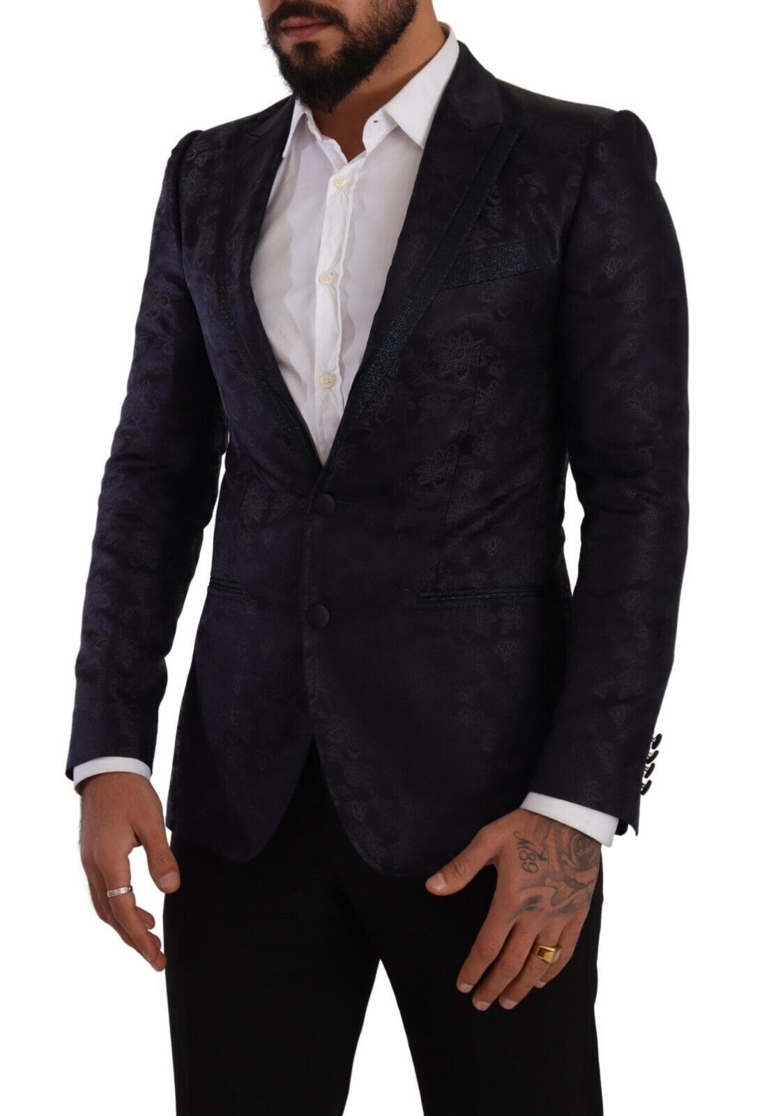 Manteau en jacquard de soie bleu à fleurs Dolce & Gabbana, style blazer Martini avec motifs floraux élégants.