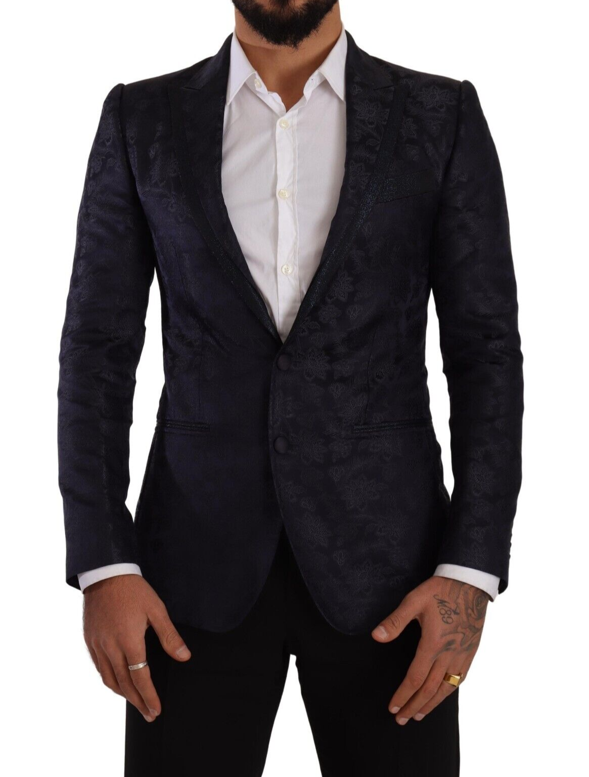 Manteau en jacquard de soie bleue à fleurs Dolce & Gabbana, blazer Martini avec détails élégants.