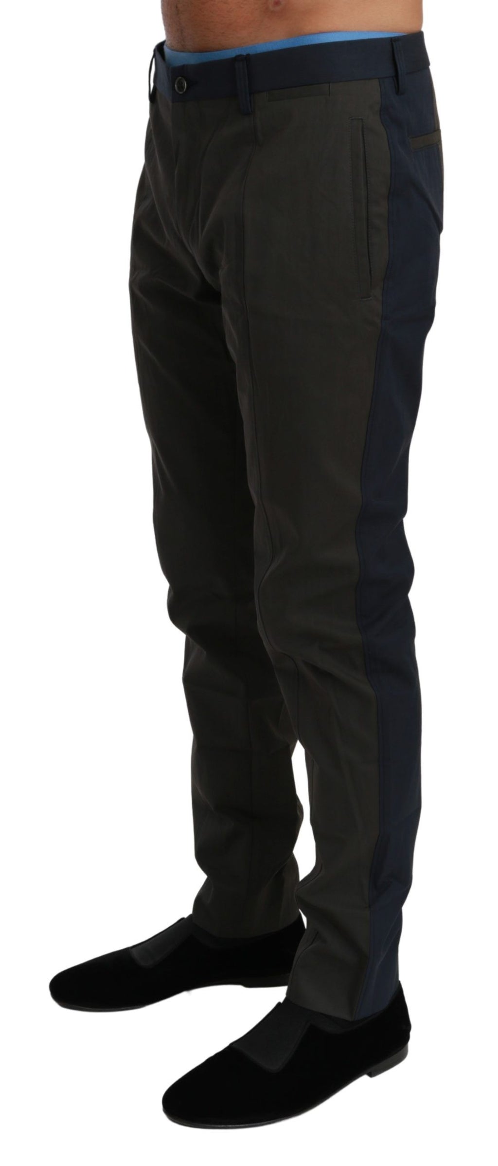Pantalon en coton à rayures bleues et grises de Dolce & Gabbana, style élégant pour homme.