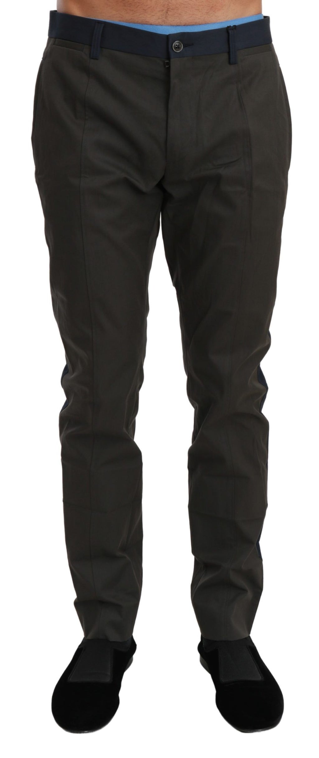 Pantalon en coton à rayures bleu gris Dolce & Gabbana, pantalon élégant pour homme, détails visibles en tissu et coupe.