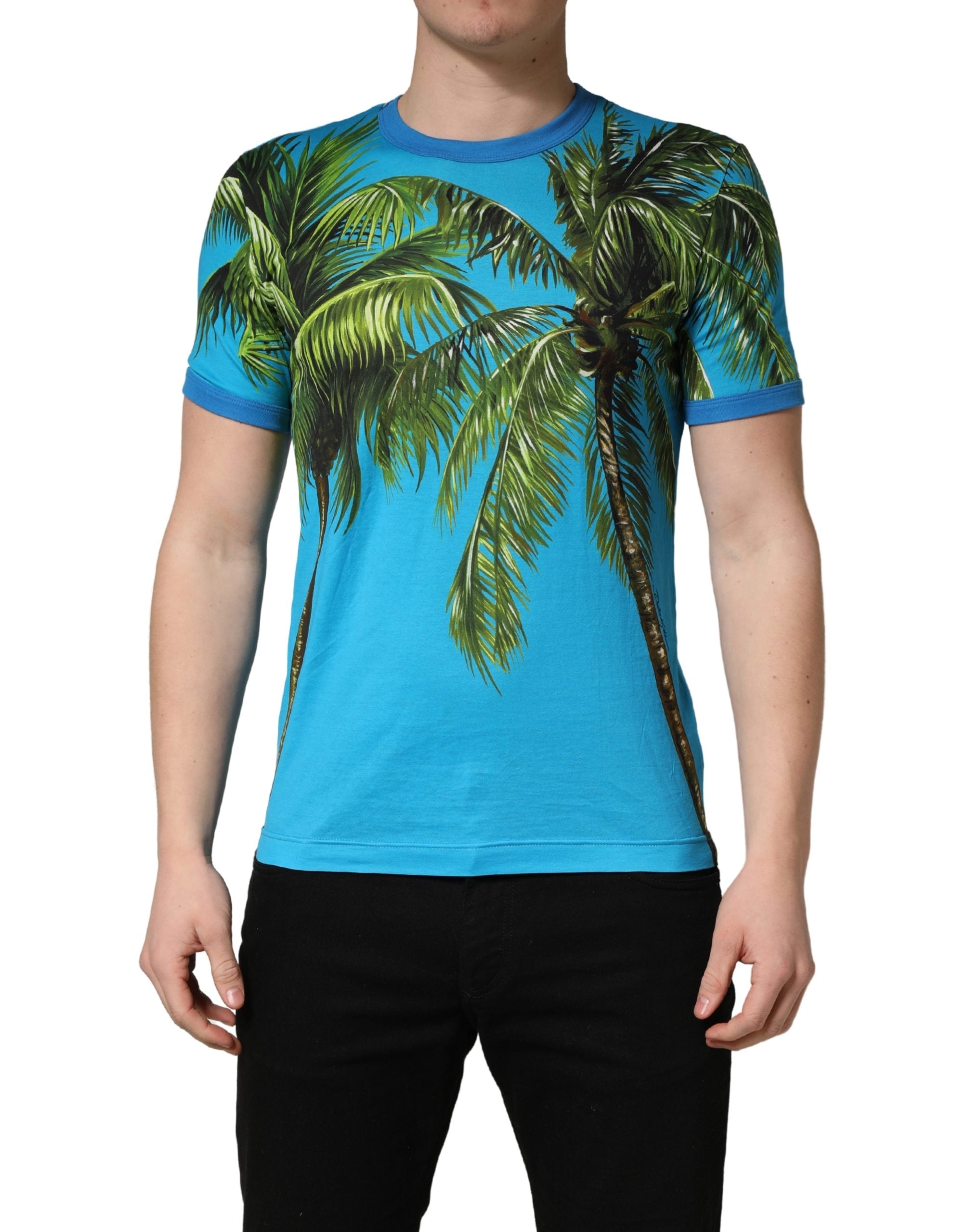 T-shirt en coton à col rond Dolce & Gabbana avec motif palmier bleu, design élégant et moderne.