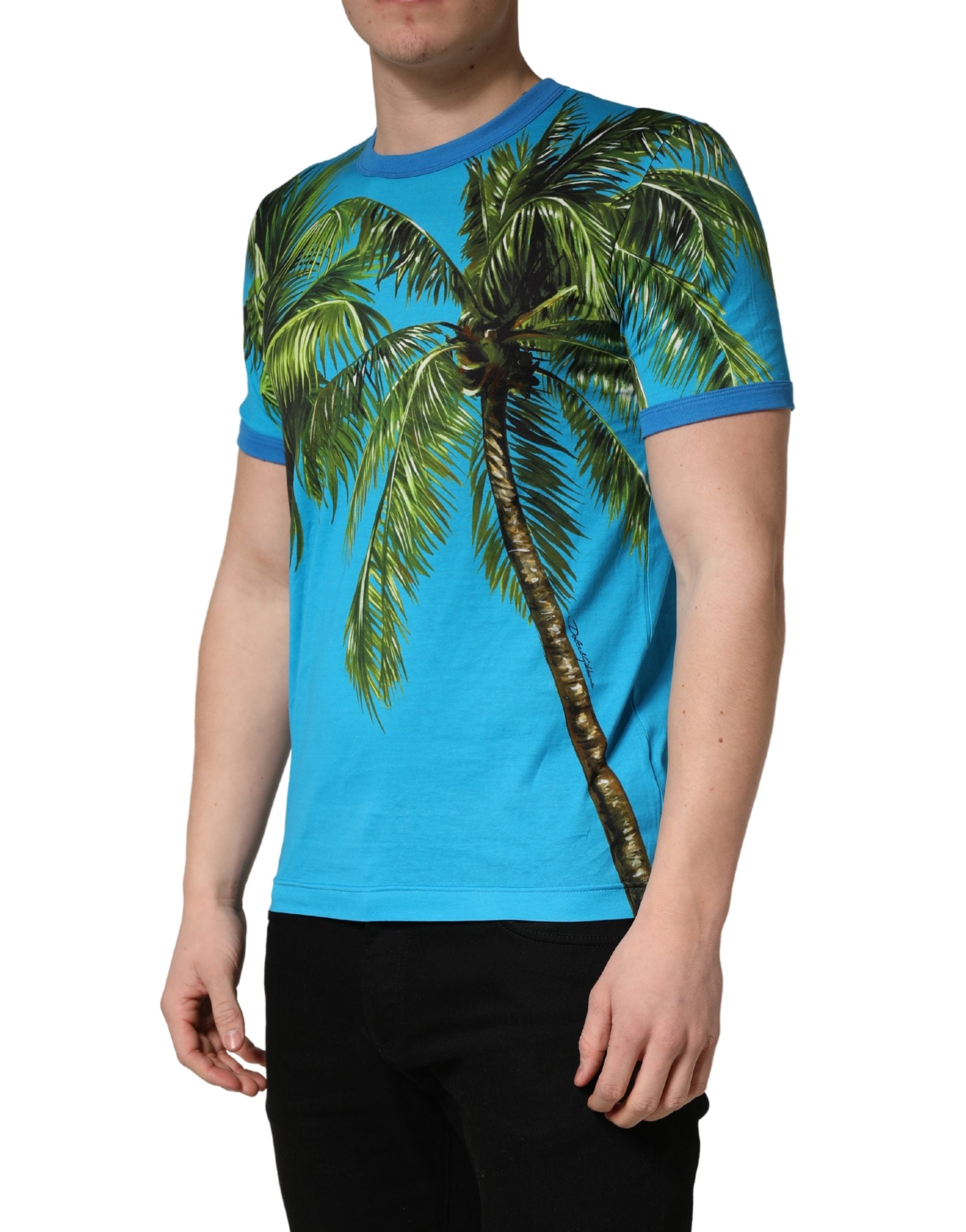 T-shirt en coton à col rond Dolce & Gabbana avec motif palmier bleu, design élégant et décontracté.