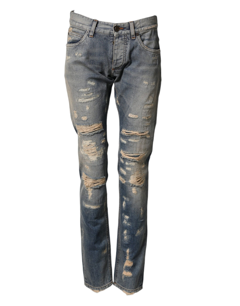 Jeans homme skinny en denim bleu déchiré de Dolce & Gabbana avec détails usés et coupe ajustée.