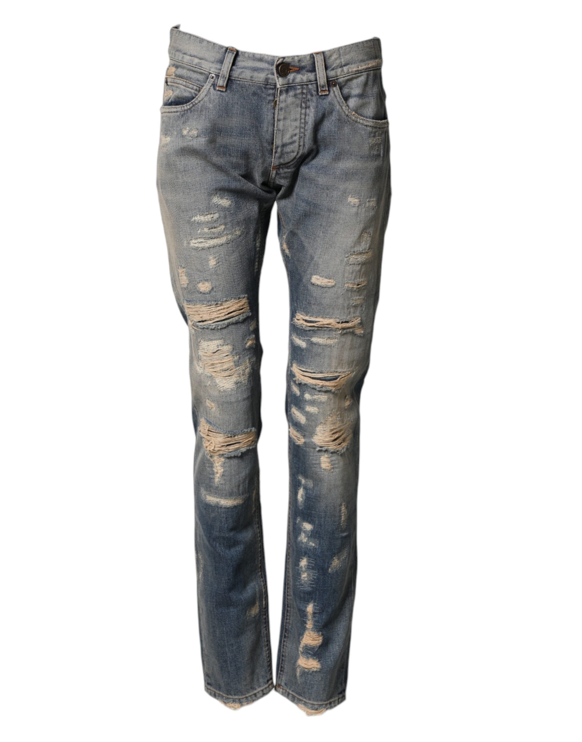 Jeans homme skinny en denim bleu déchiré de Dolce & Gabbana avec détails usés et coupe ajustée.