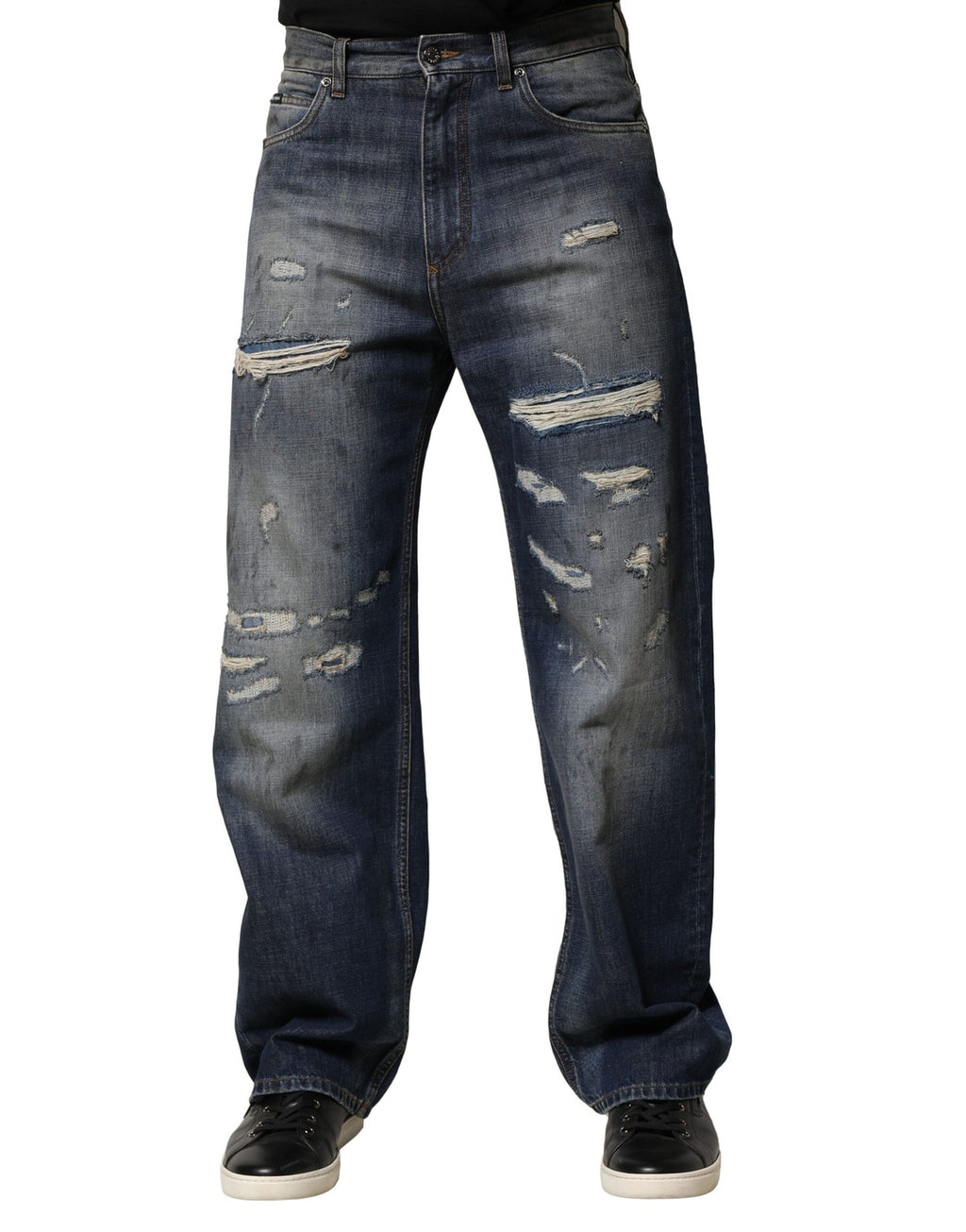 Jeans pour homme Dolce & Gabbana en coton bleu délavé et usé, style déchiré, coupe classique.