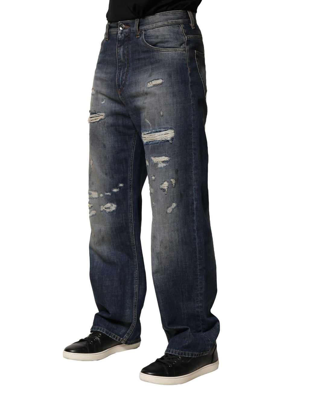 Jeans pour homme Dolce & Gabbana en coton bleu délavé et déchiré, style décontracté et tendance.