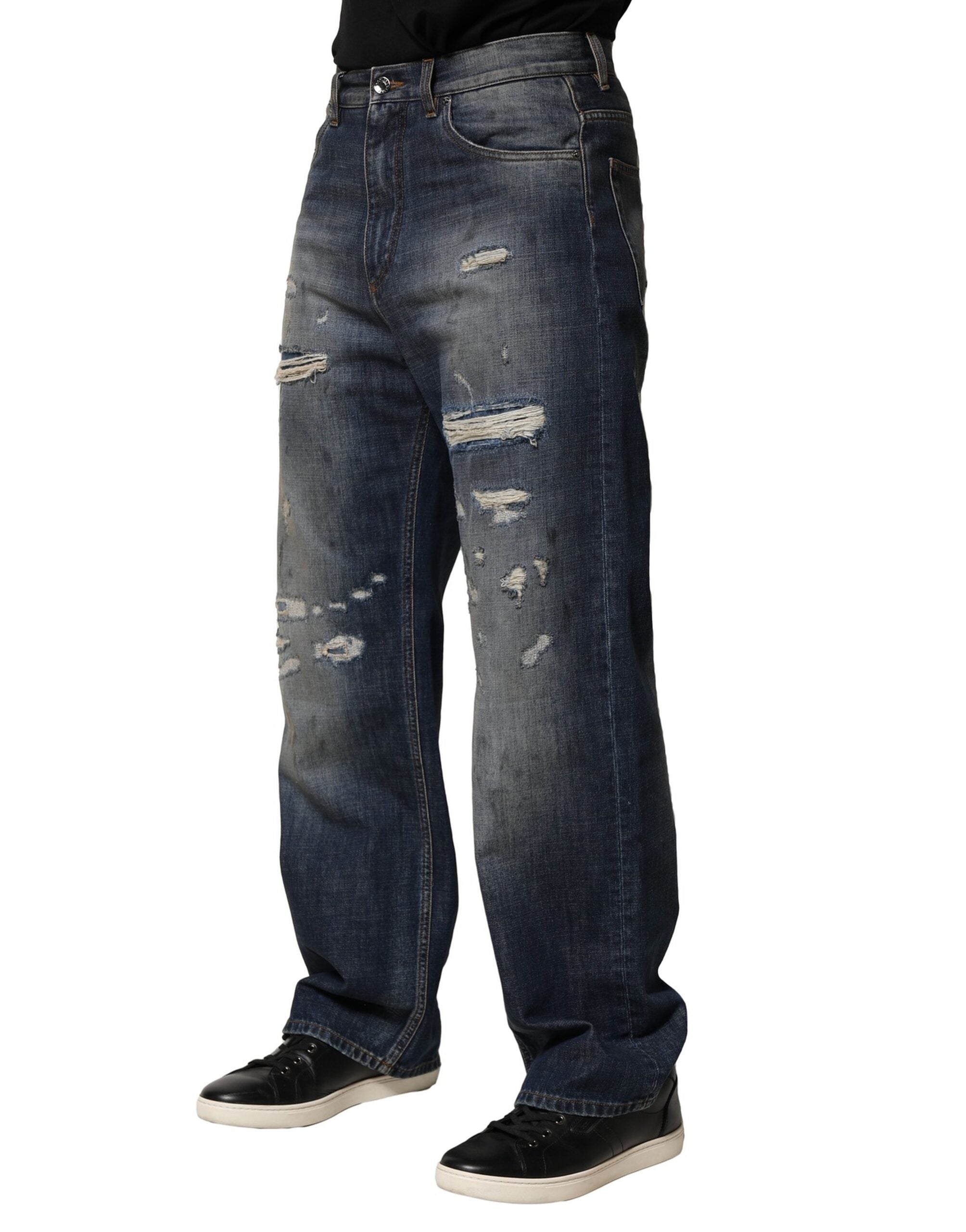 Jeans pour homme Dolce & Gabbana en coton bleu délavé et déchiré, style décontracté et tendance.