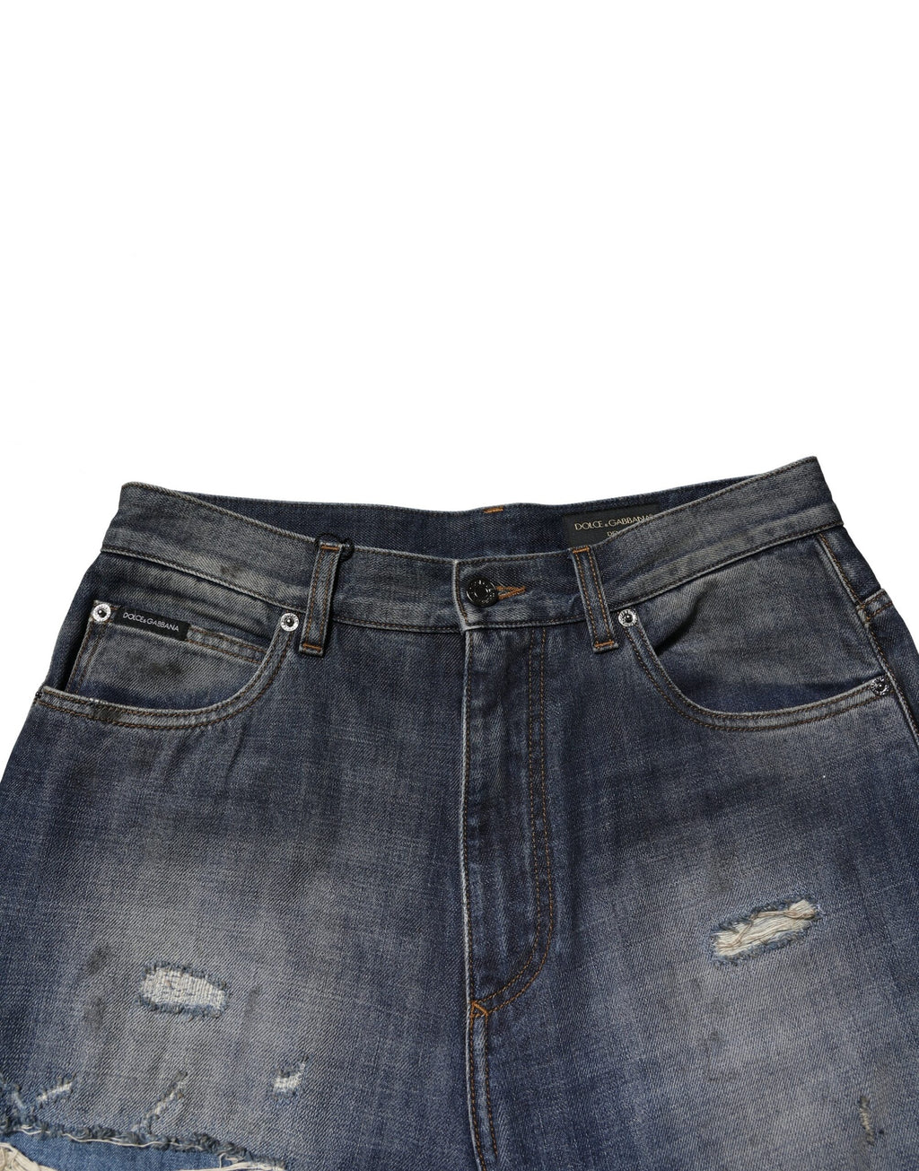 Jeans pour hommes en coton délavé et usé de Dolce & Gabbana, style tattered, bleu, avec détails déchirés.