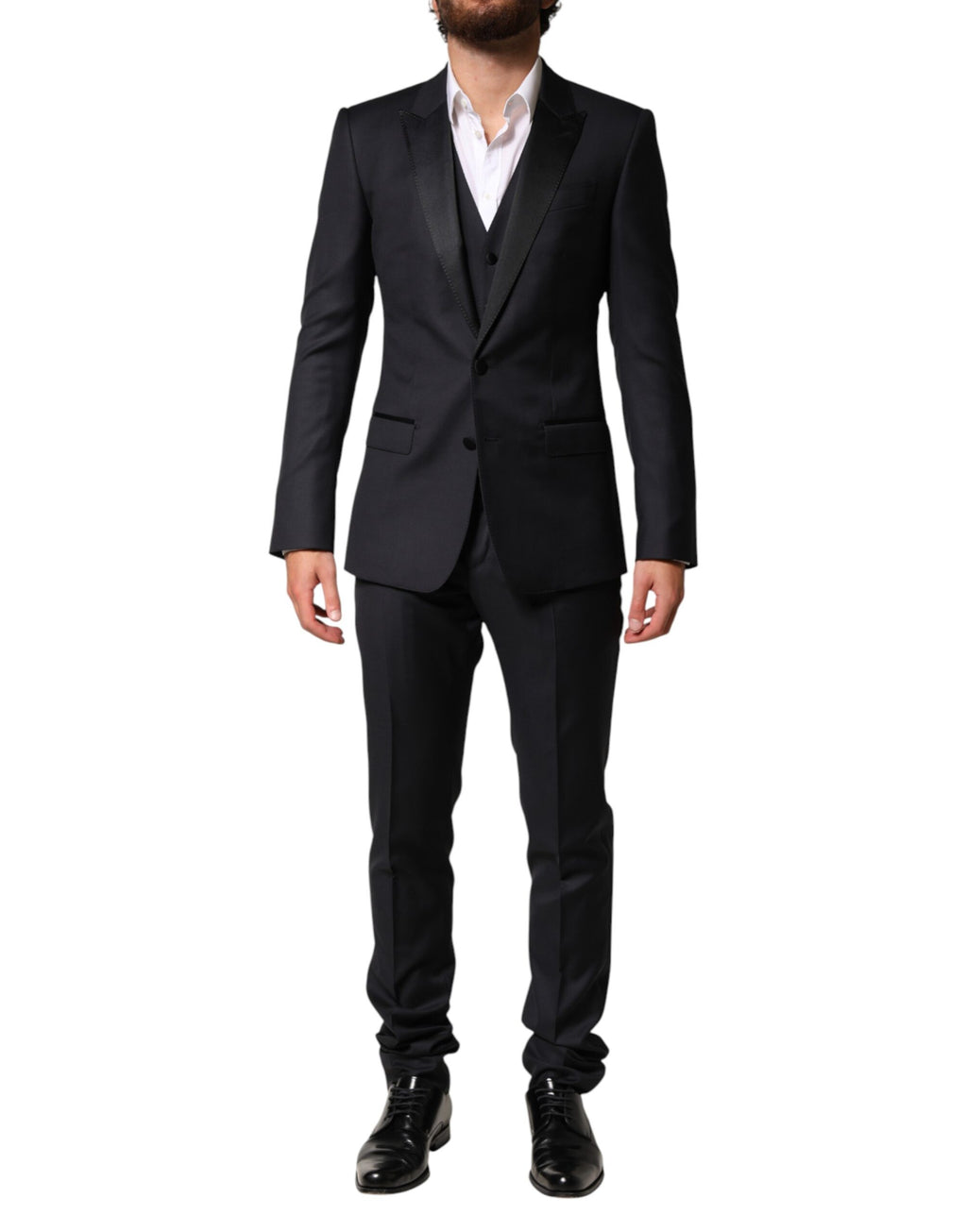 Costume pour homme en laine bleue Dolce & Gabbana, complet trois pièces à veste croisée et pantalon ajusté.