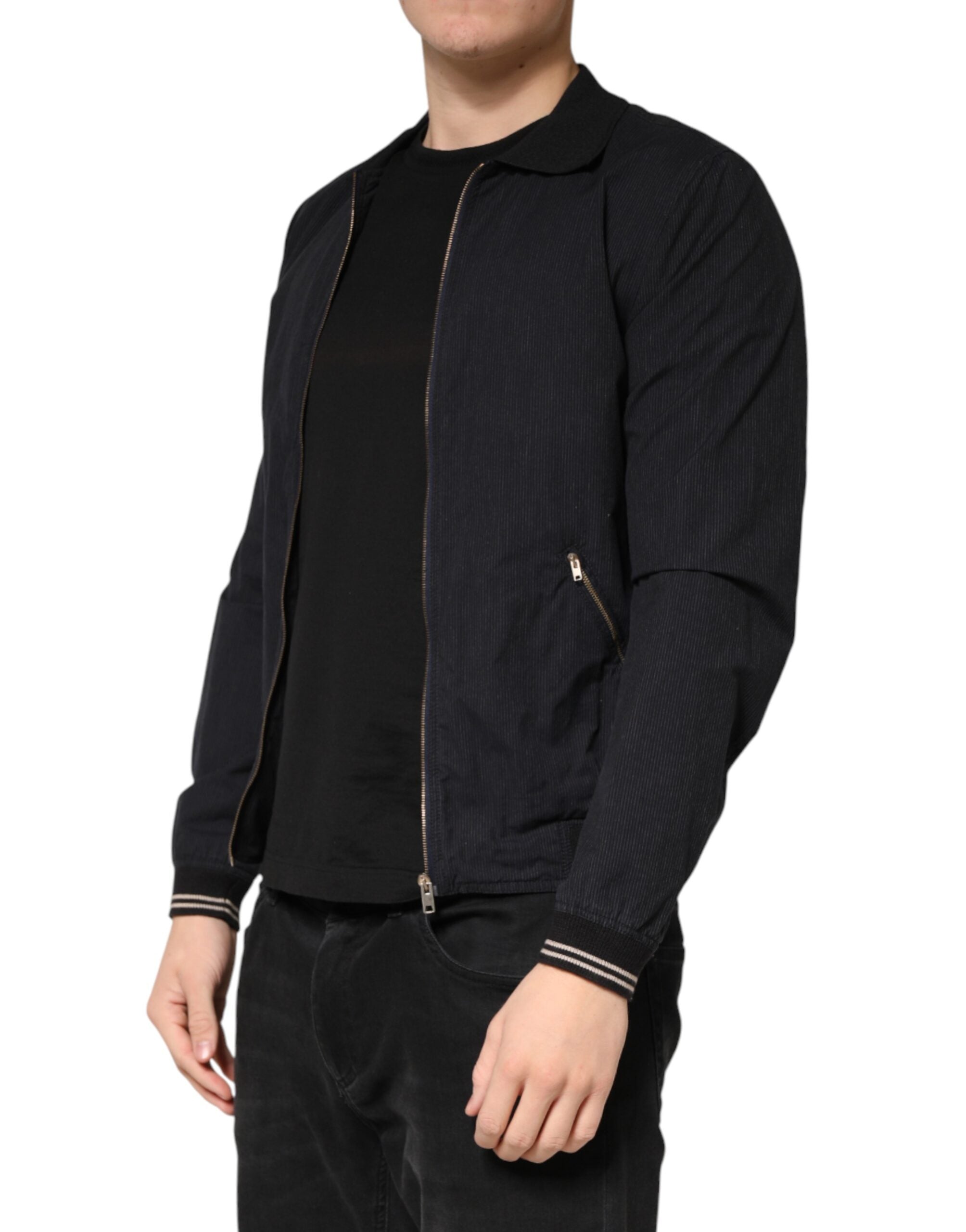 Veste bomber homme Dolce & Gabbana en coton bleu foncé avec fermeture éclair complète, style décontracté et élégant.