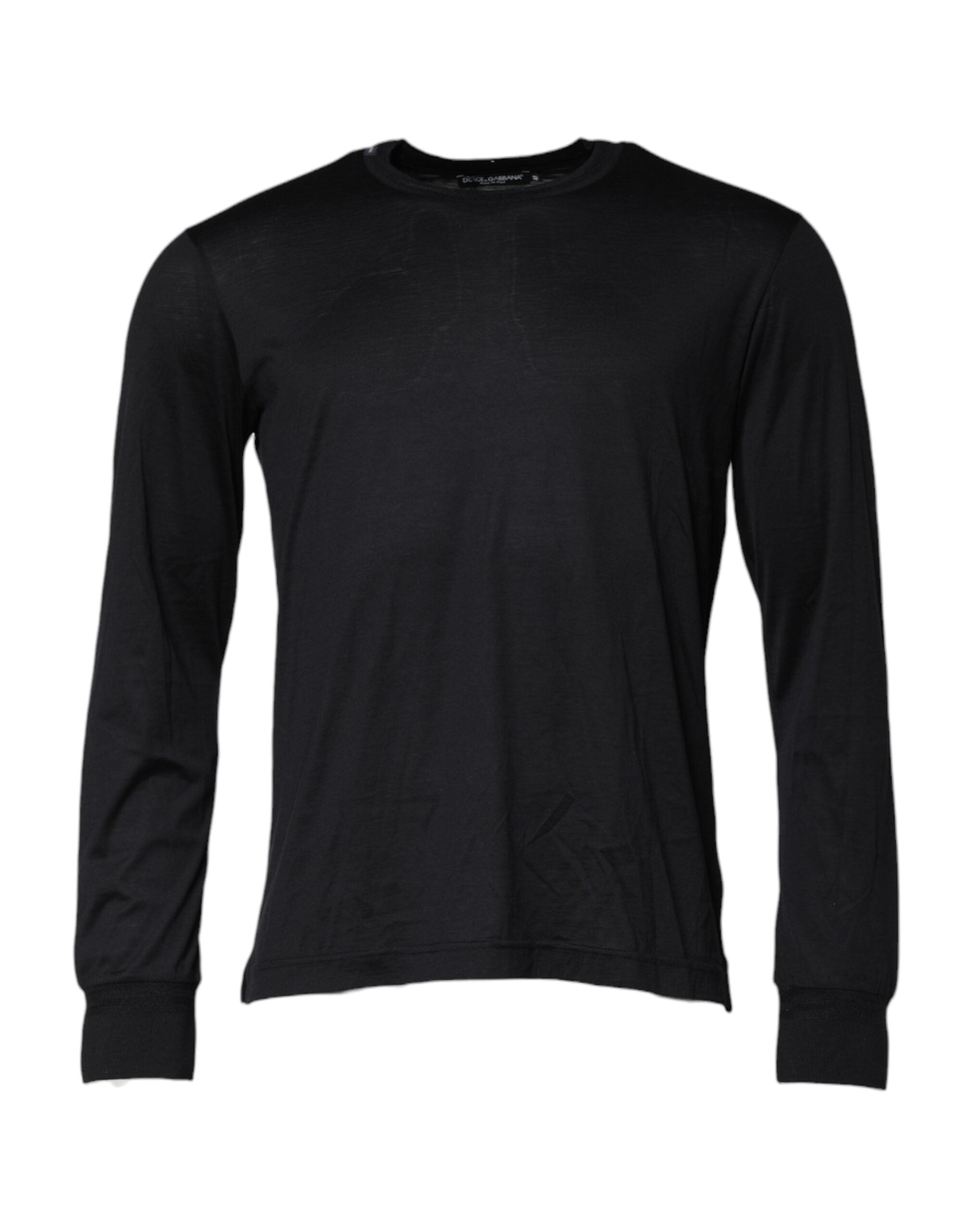 Pull homme en soie bleu foncé Dolce & Gabbana avec col rond, détail élégant et ajusté, vue de face.