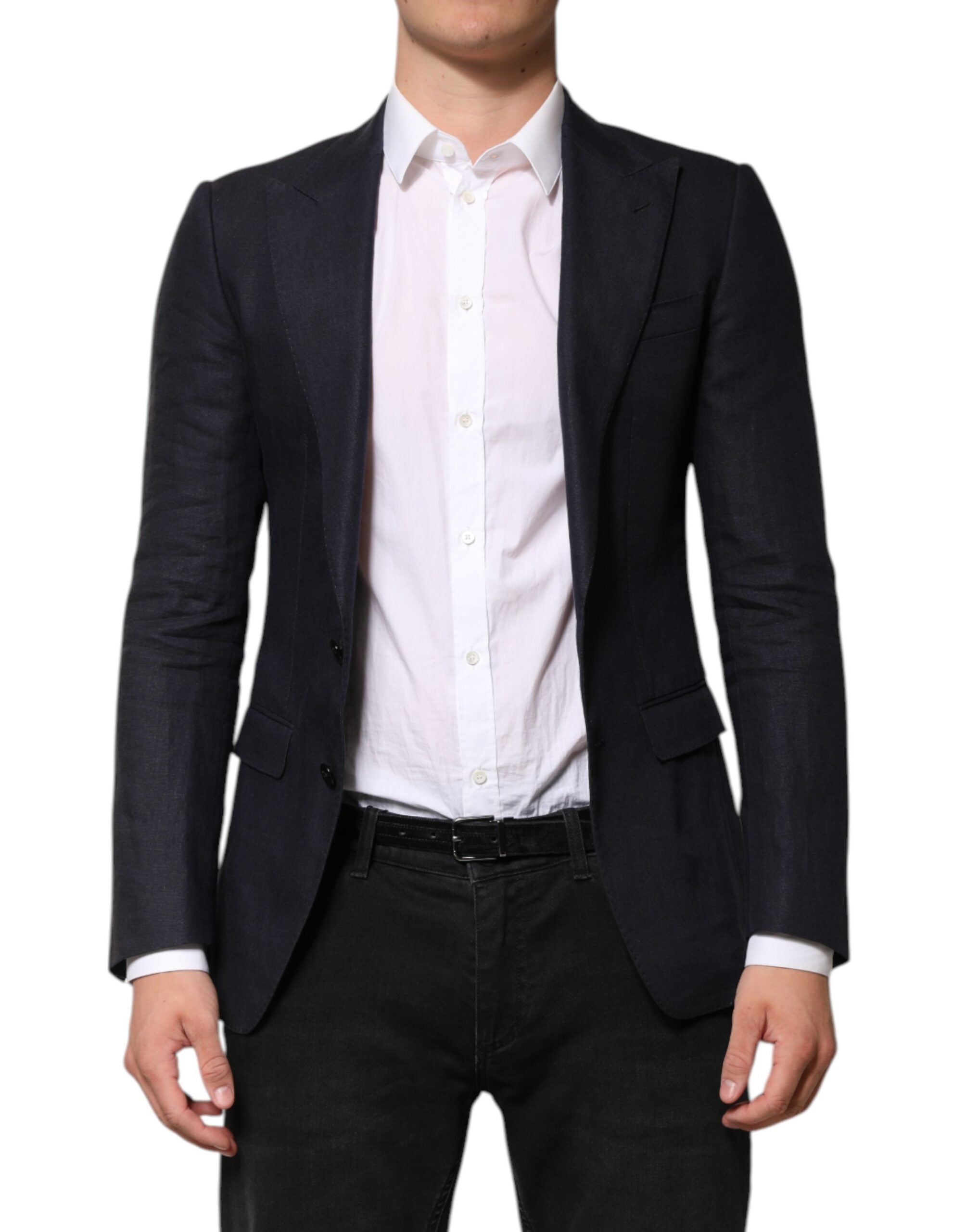 Veste blazer homme Dolce & Gabbana en bleu foncé, à un bouton, style classique, visible sur le mannequin.