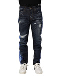 Jeans skinny en denim bleu foncé déchiré de Dolce & Gabbana, style tattered, ajustés, avec détails usés et déchirés visibles.