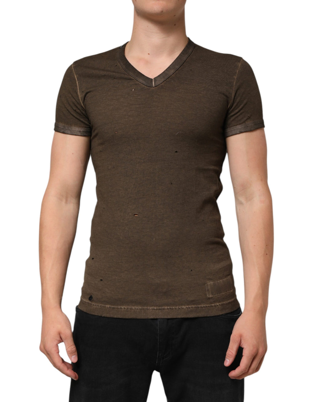 T-shirt homme en coton marron foncé Dolce & Gabbana avec logo déchiré et style tattered, manches courtes et coupe décontractée.