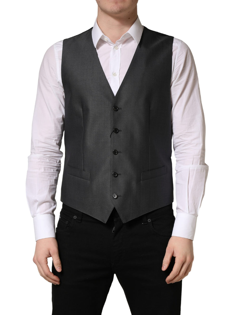 Gilet homme gris foncé Dolce & Gabbana à simple boutonnage, élégant et ajusté, en tissu de haute qualité.
