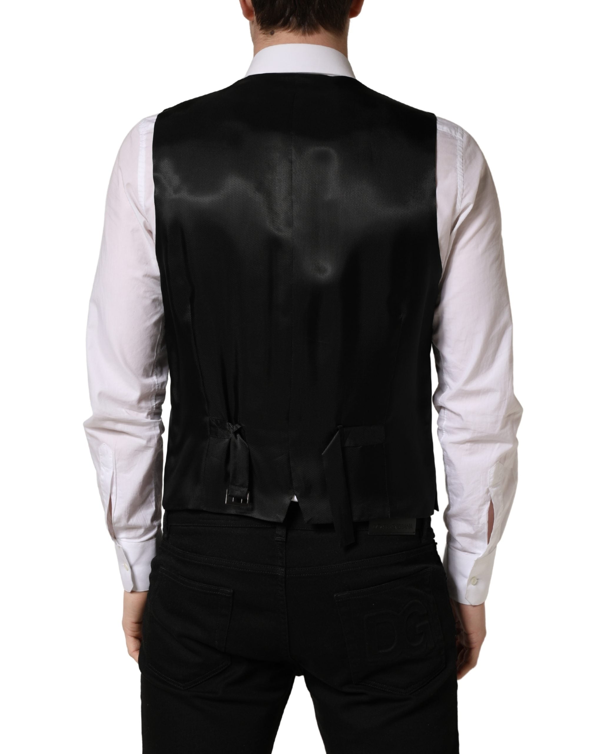 Gilet homme gris foncé Dolce & Gabbana à boutons avec col en V, veste élégante à une poitrine, style classique.