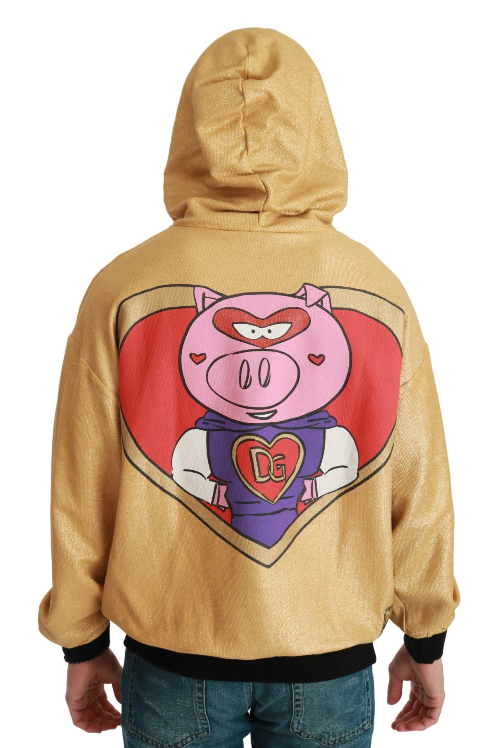 Sweat à capuche Dolce & Gabbana Gold Pig of the Year avec motif de cochon doré et logo de la marque, image montrant le devant du vêtement.