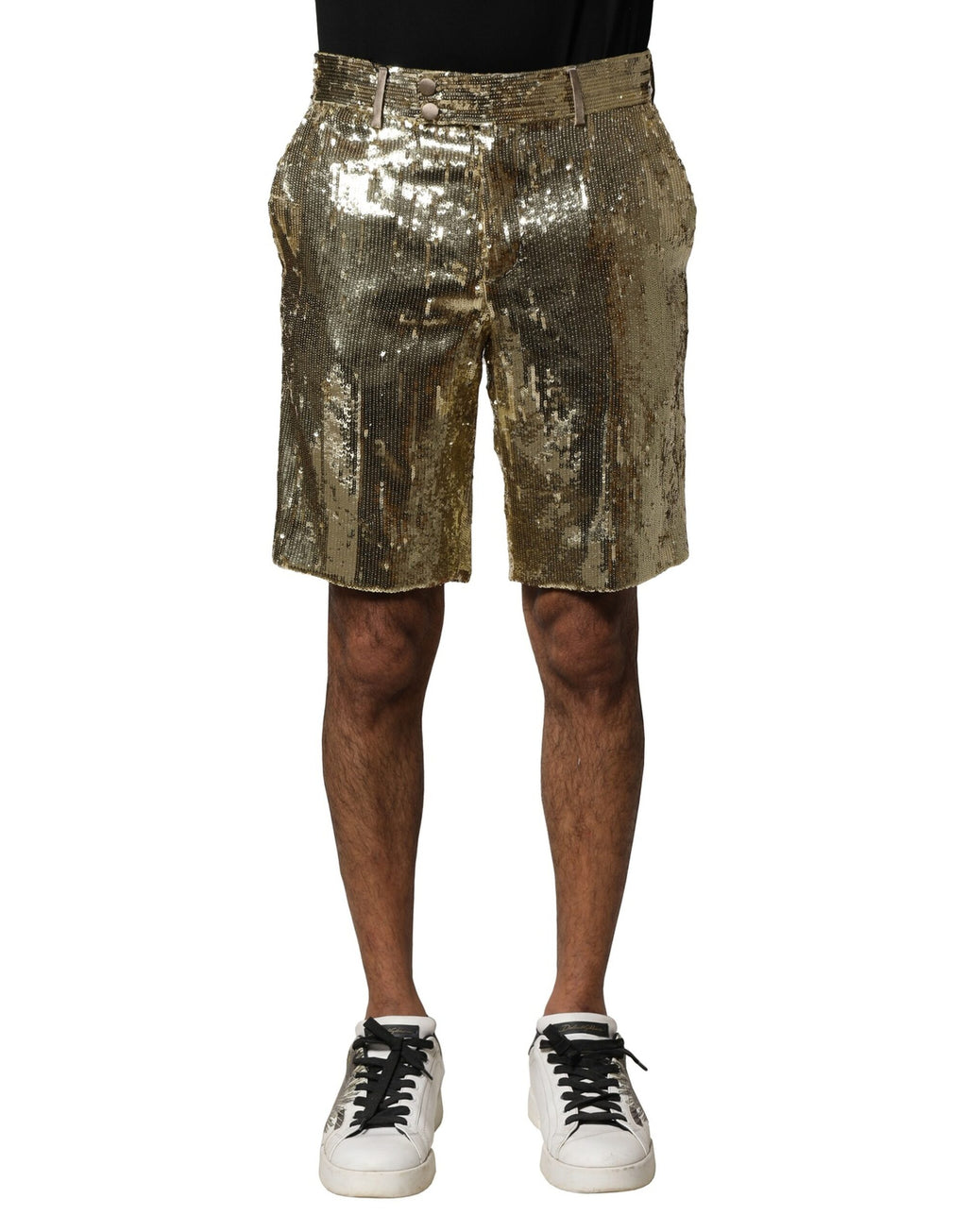 Shorts Bermuda dorés en polyester avec sequins et embellissements Dolce & Gabbana, vue de face.