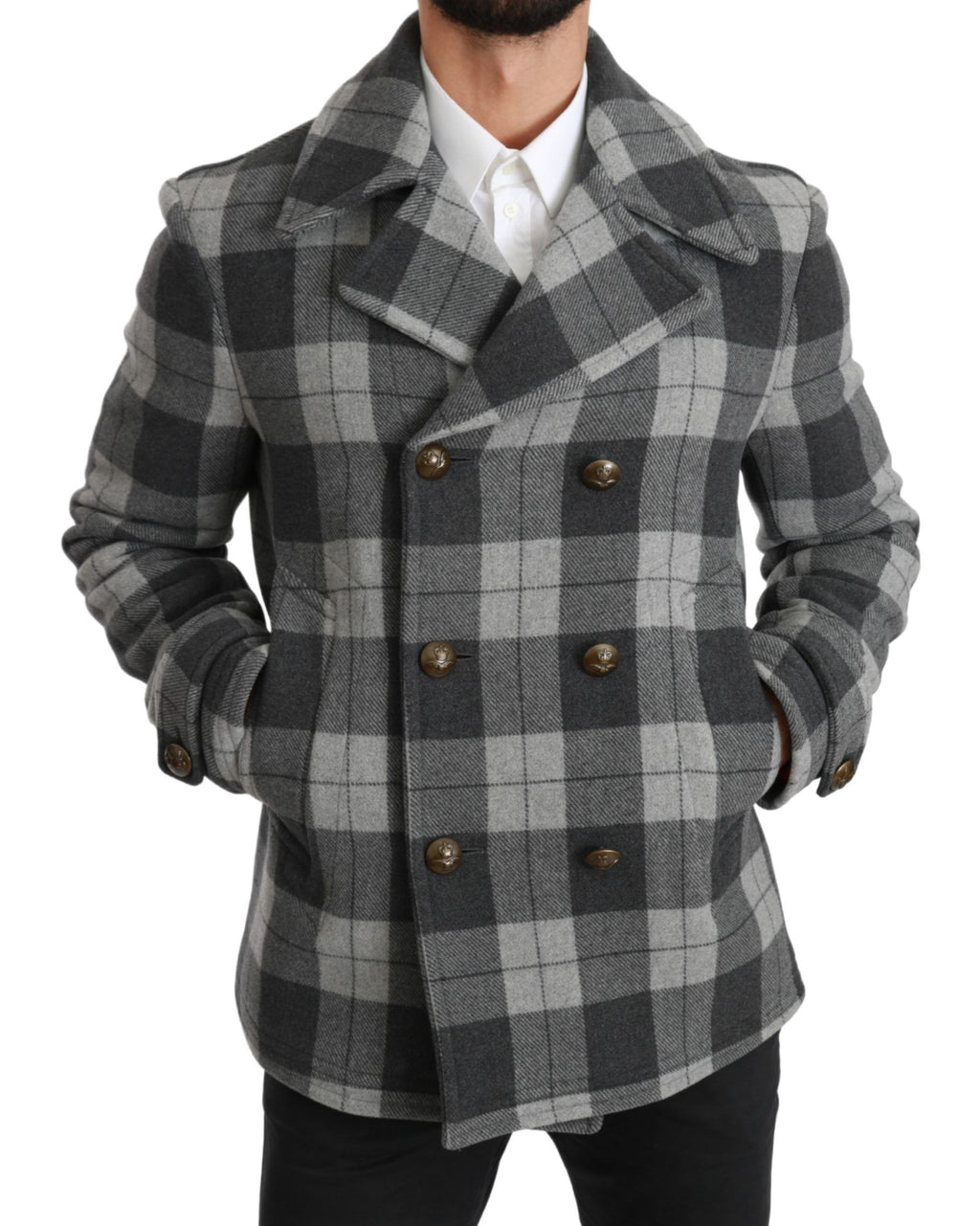 Manteau en laine et cachemire gris à carreaux de Dolce & Gabbana, veste élégante avec col classique et motifs à carreaux.