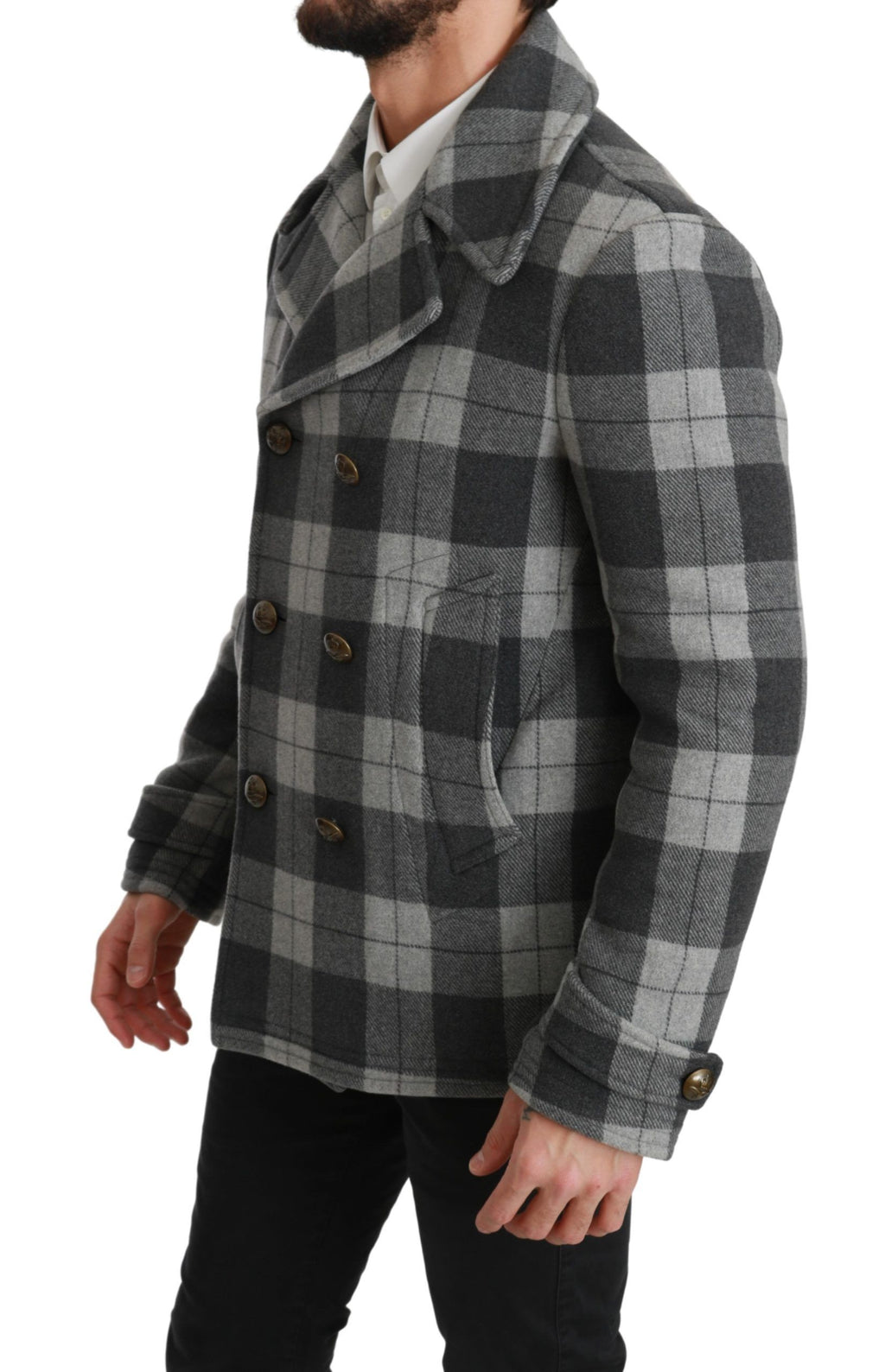 Veste en laine et cachemire à carreaux gris de Dolce & Gabbana, coupe élégante et tissu chaud, pour un look sophistiqué.