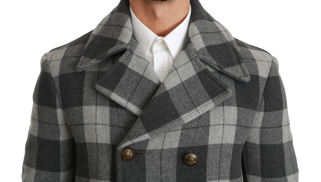 Manteau en laine et cachemire à carreaux gris de Dolce & Gabbana, veste élégante et chaude avec col et boutons.