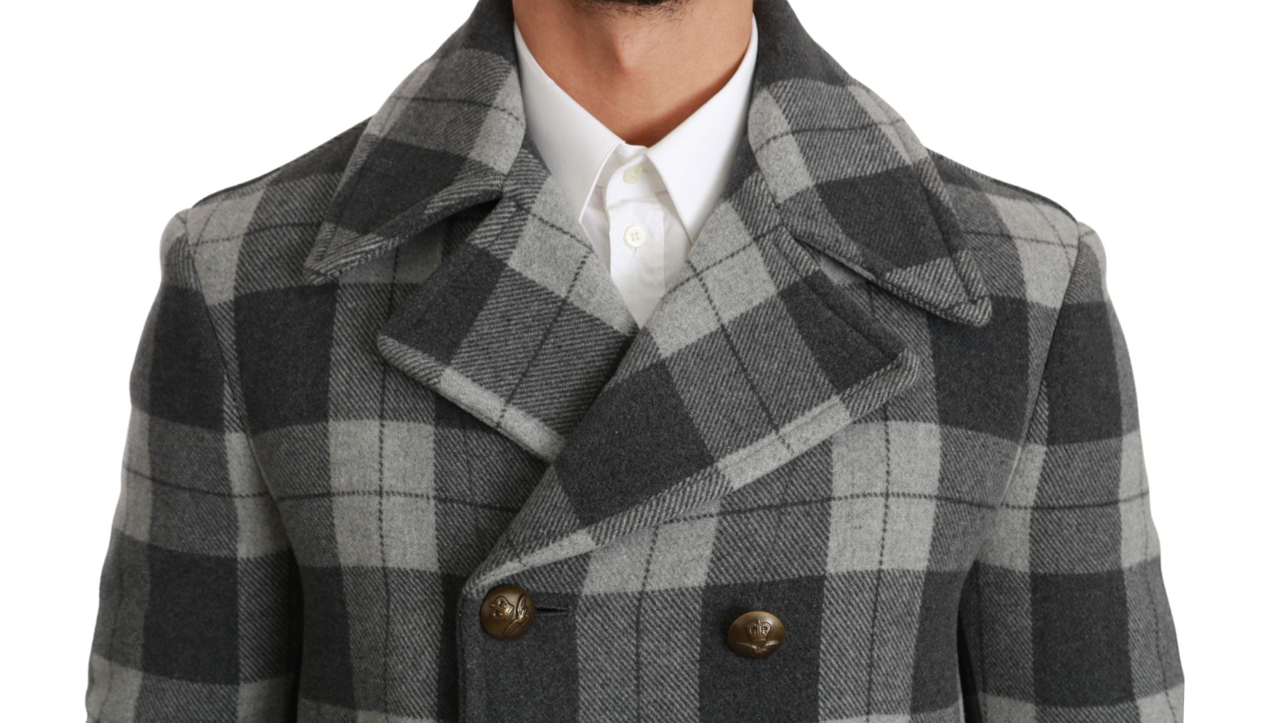 Manteau en laine et cachemire à carreaux gris de Dolce & Gabbana, veste élégante et chaude avec col et boutons.