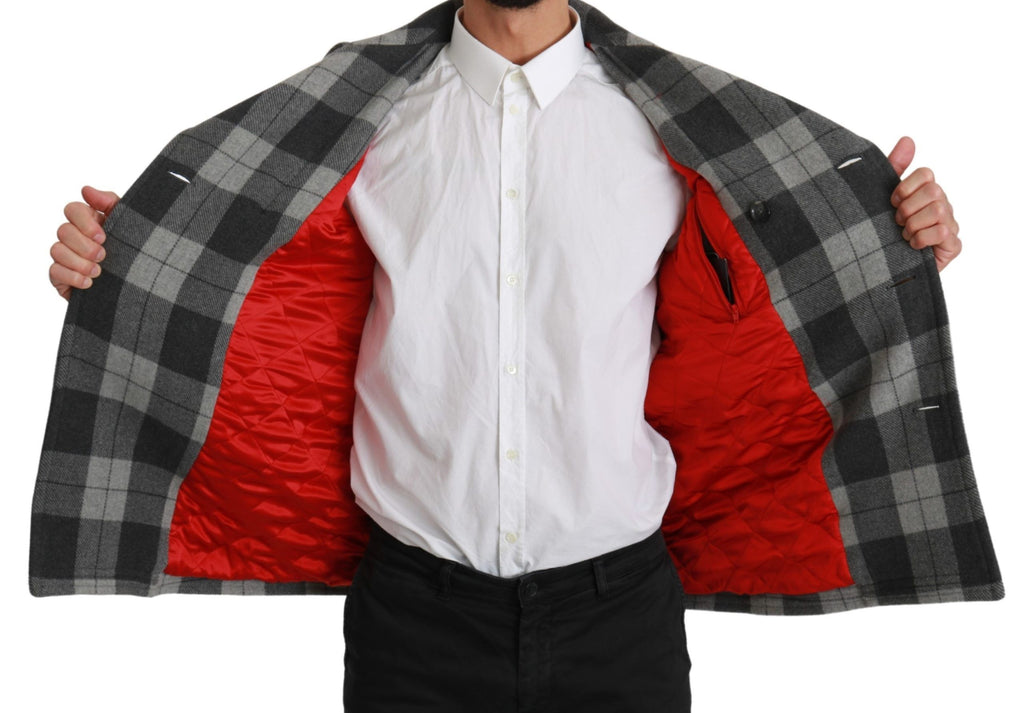 Manteau en laine et cachemire à carreaux gris de Dolce & Gabbana, veste élégante avec col et boutons.
