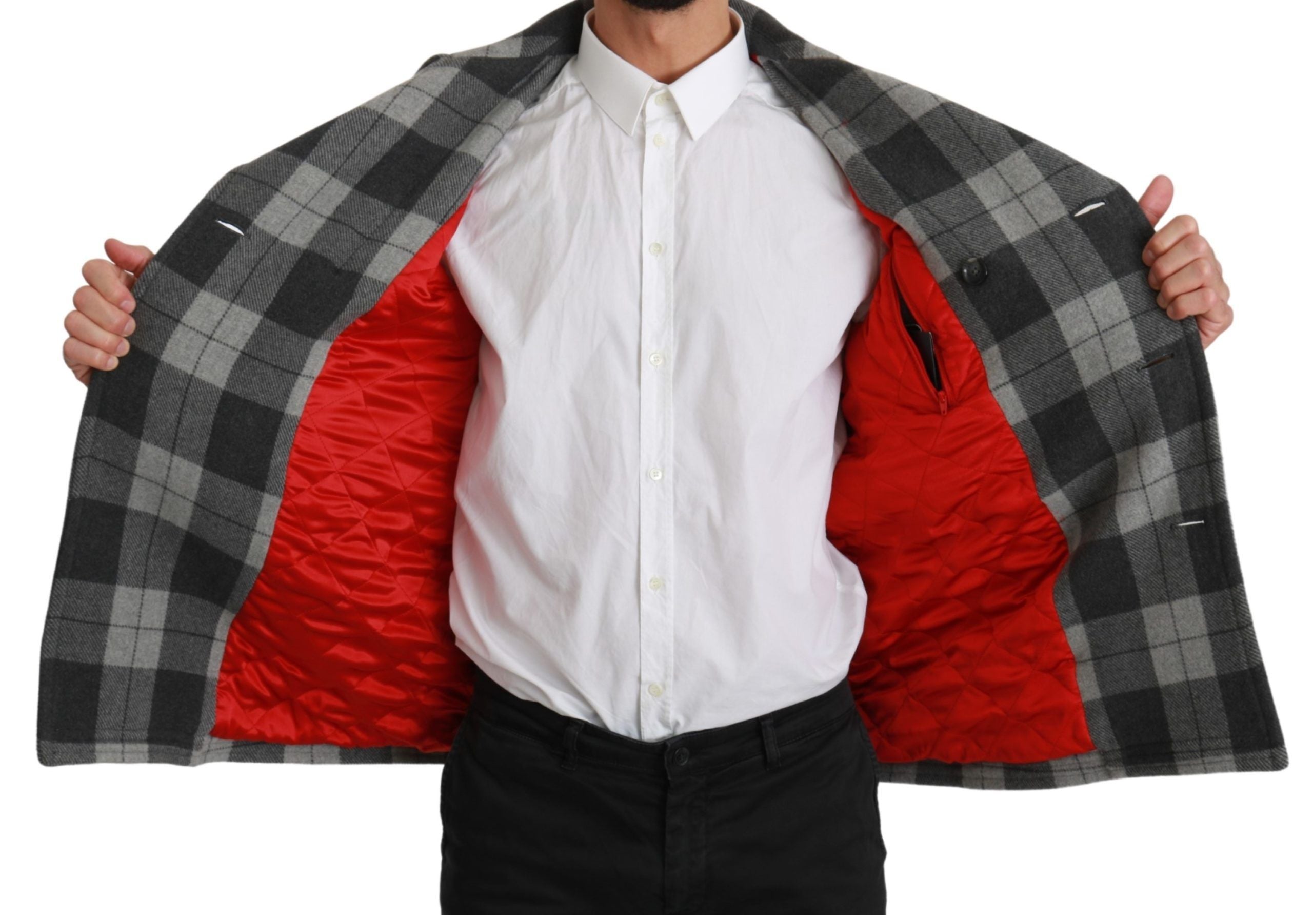 Manteau en laine et cachemire à carreaux gris de Dolce & Gabbana, veste élégante avec col et boutons.