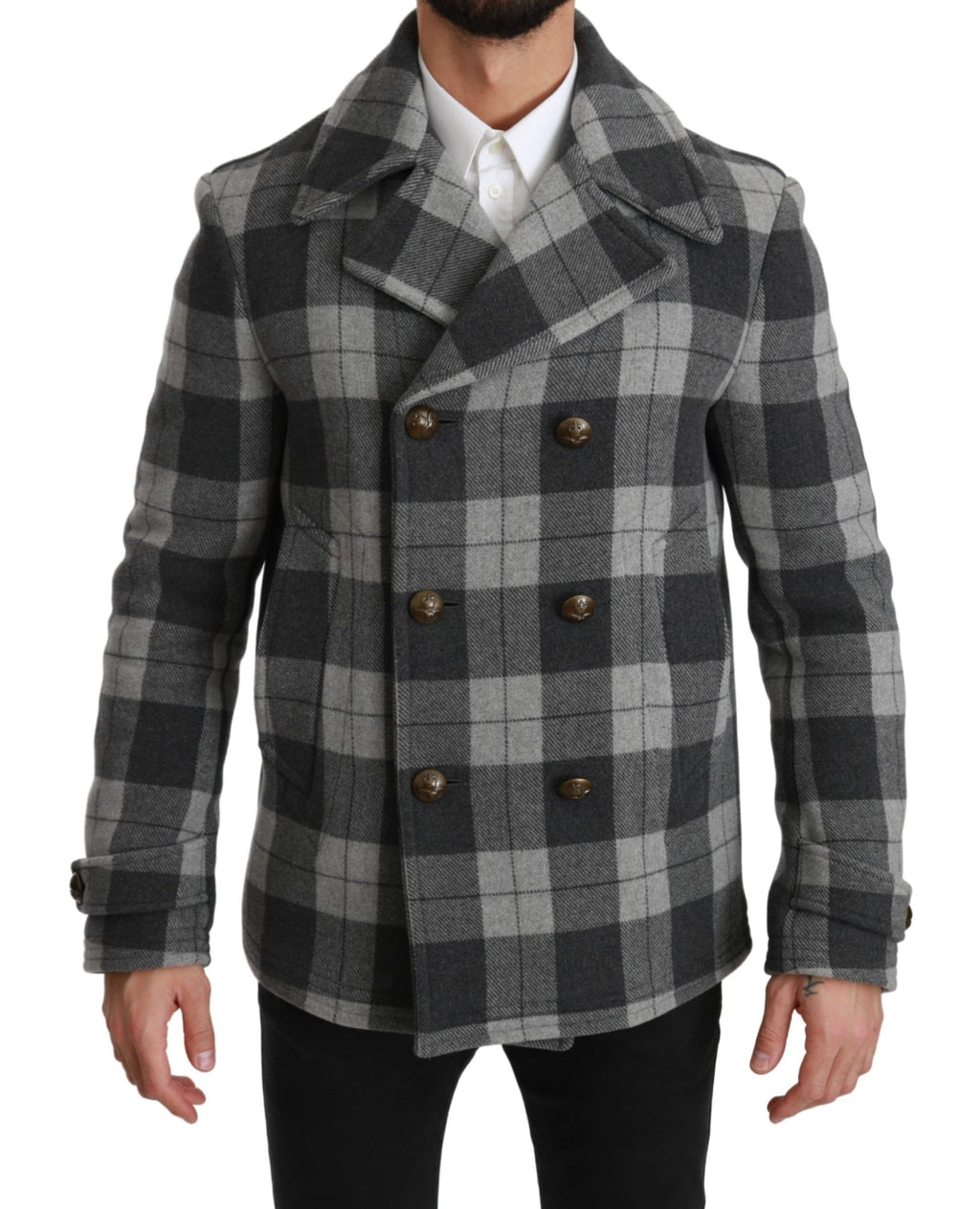 Manteau Dolce & Gabbana en laine et cachemire gris à carreaux, veste élégante avec col et boutons visibles.