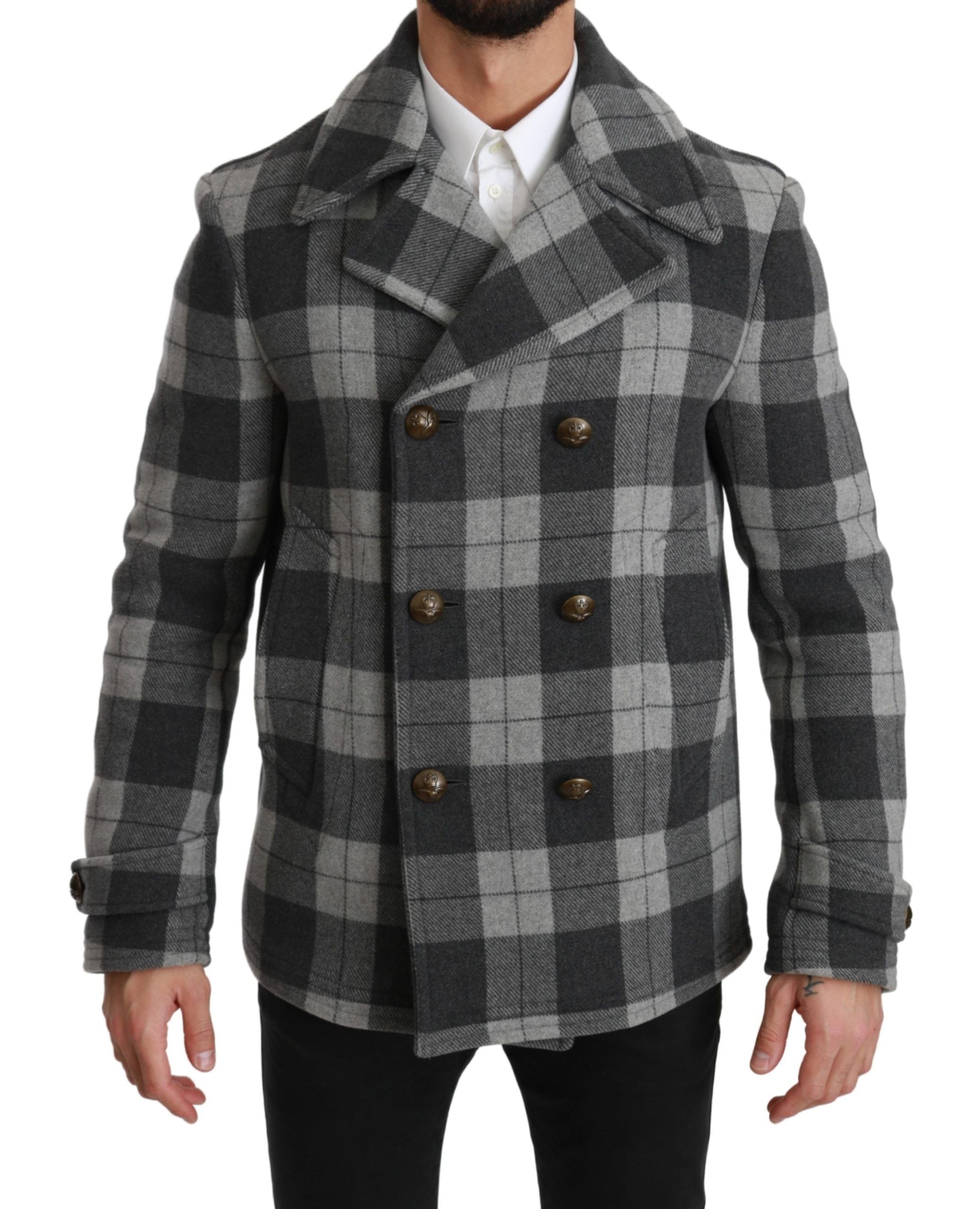 Manteau Dolce & Gabbana en laine et cachemire gris à carreaux, veste élégante avec col et boutons visibles.