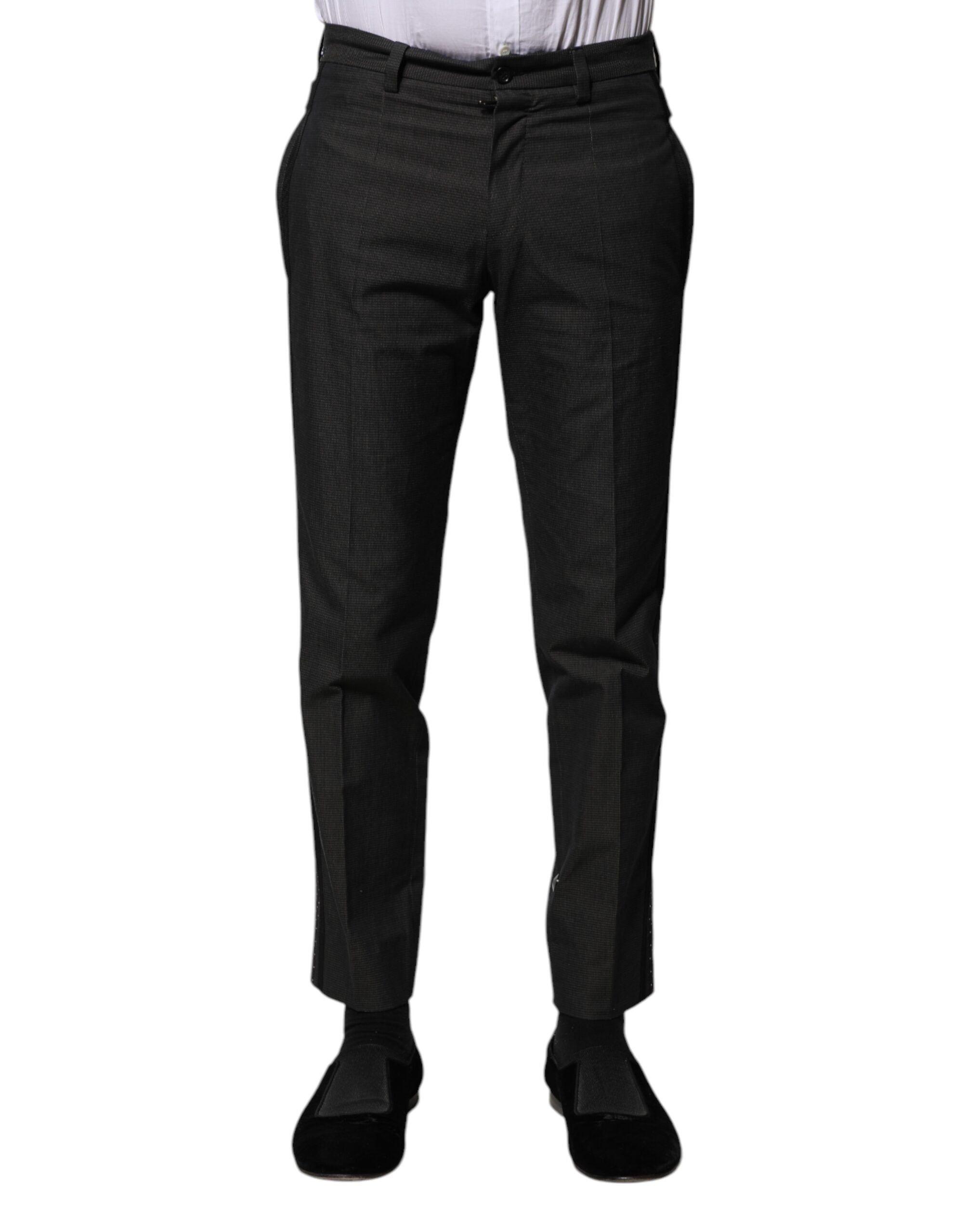 Pantalon formel en coton gris à motif de la marque Dolce & Gabbana, vue de face avec détails de couture.