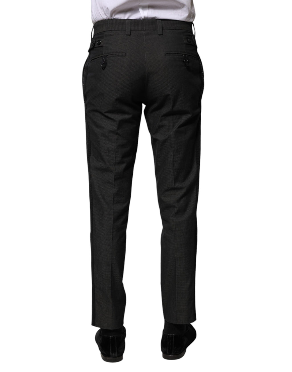 Pantalon formel gris en coton à motif Dolce & Gabbana, style élégant et sophistiqué, visible avec détail de la texture en image.