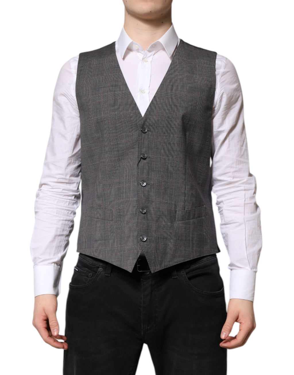 Gilet formel en laine à carreaux gris de Dolce & Gabbana, veste cintrée élégante pour homme.