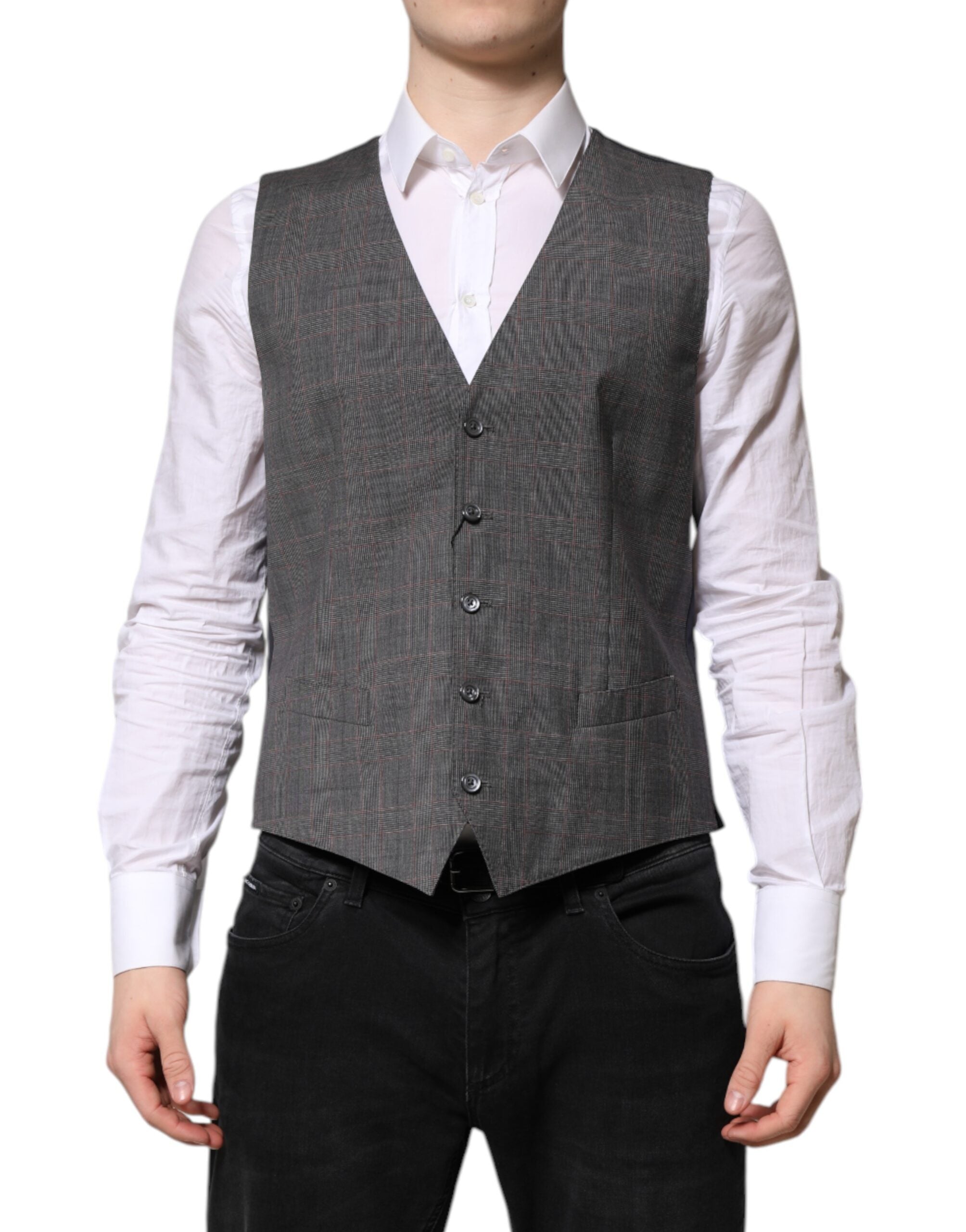Gilet formel en laine à carreaux gris de Dolce & Gabbana, veste cintrée élégante pour homme.