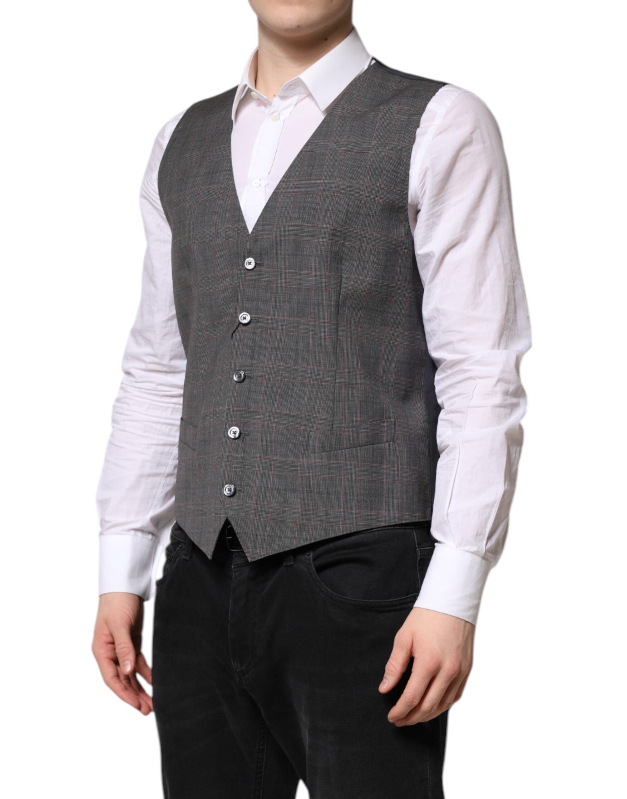 Gilet formel en laine à carreaux gris de Dolce & Gabbana, veste élégante pour homme ou femme.