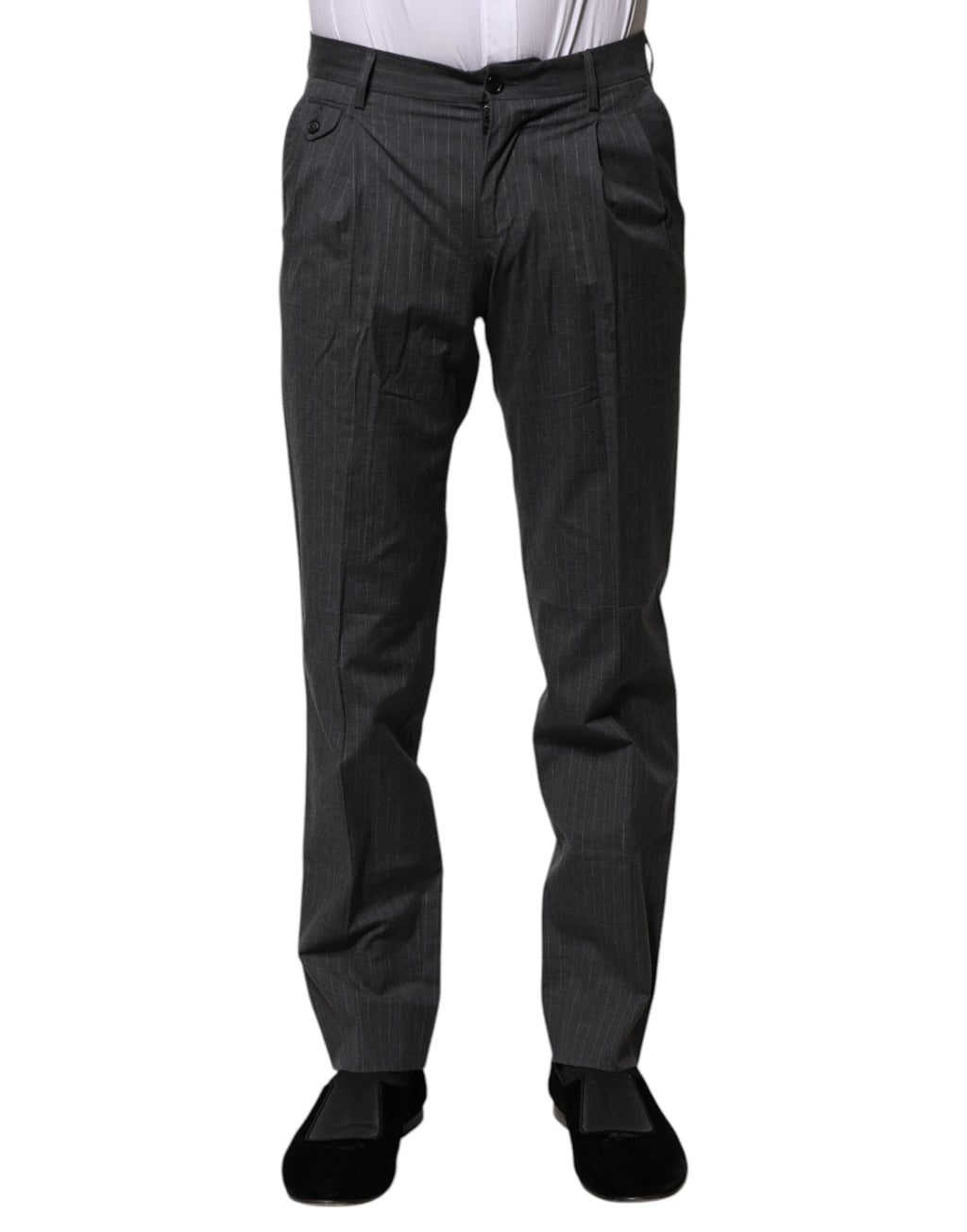 Pantalon formel en coton gris à rayures de Dolce & Gabbana, style élégant et classique pour homme.