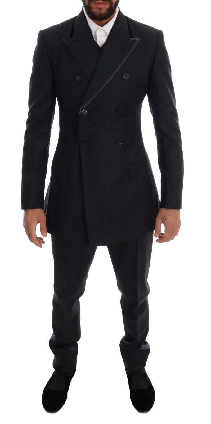 Costume homme en laine gris Dolce & Gabbana à double boutonnage, veste, pantalon et gilet assortis, élégance classique.