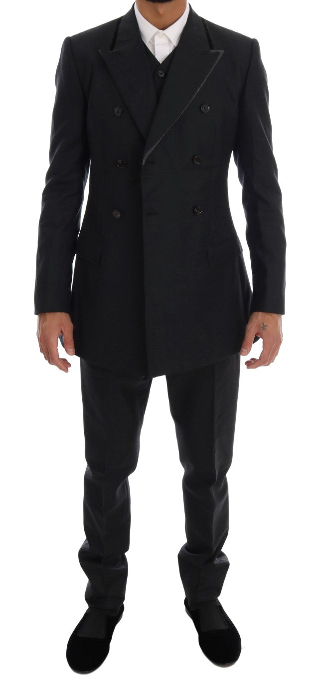 Costume trois pièces en laine gris de Dolce & Gabbana, veste croisée à double boutonnage et pantalon assorti.