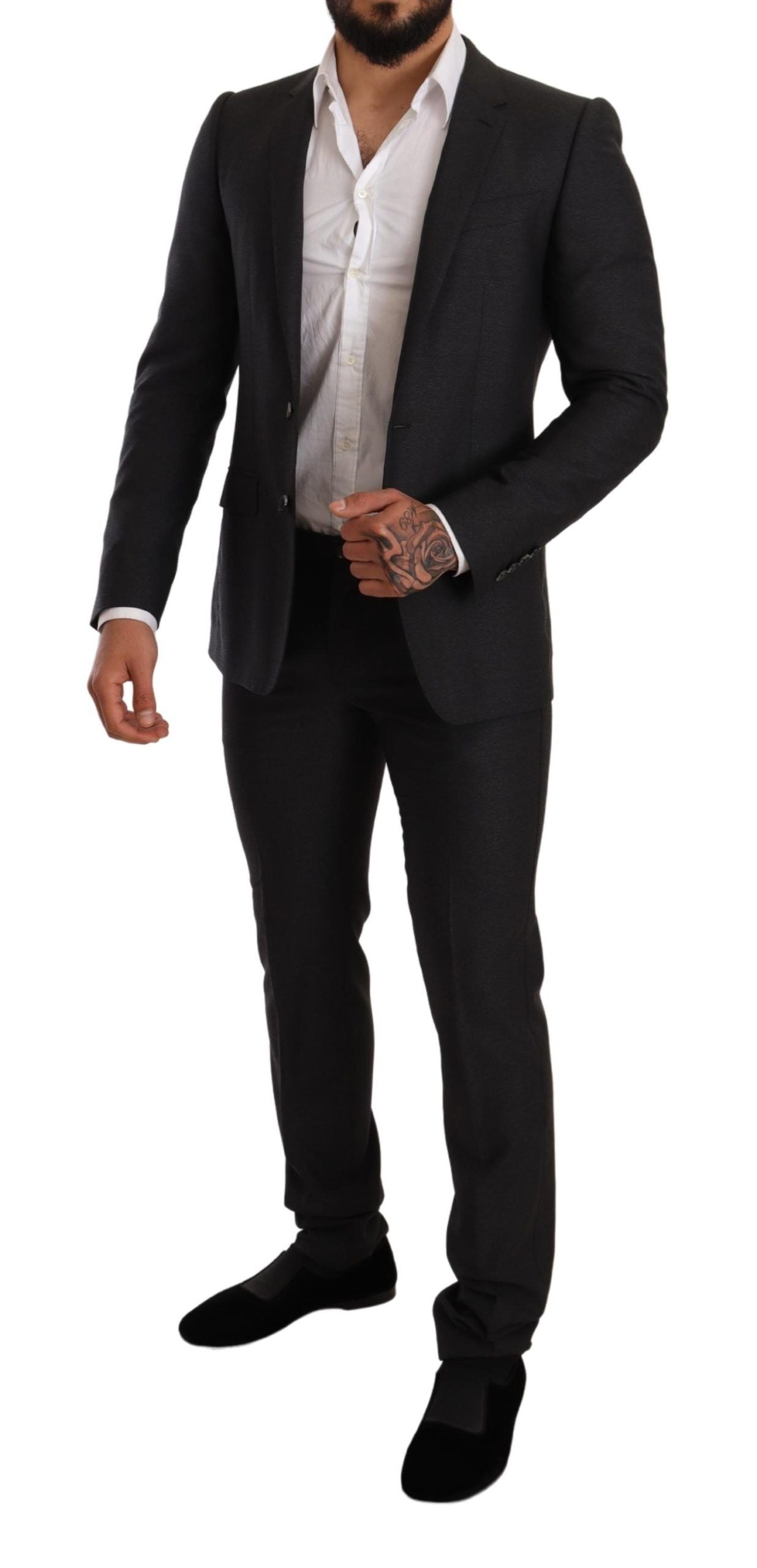 Costume gris en laine Dolce & Gabbana Martini Slim Fit, veste et pantalon élégants, pour homme, avec détails sophistiqués.