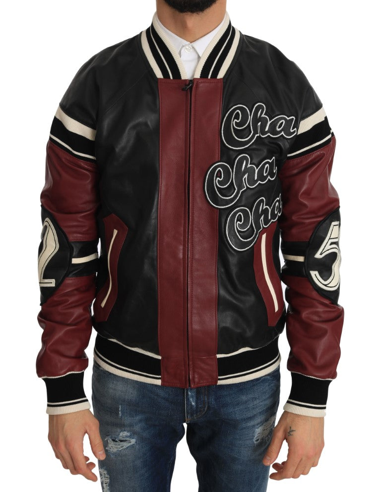 Veste en cuir noir et rouge Dolce & Gabbana, style club lounge, détails élégants, vue de face sur la veste.
