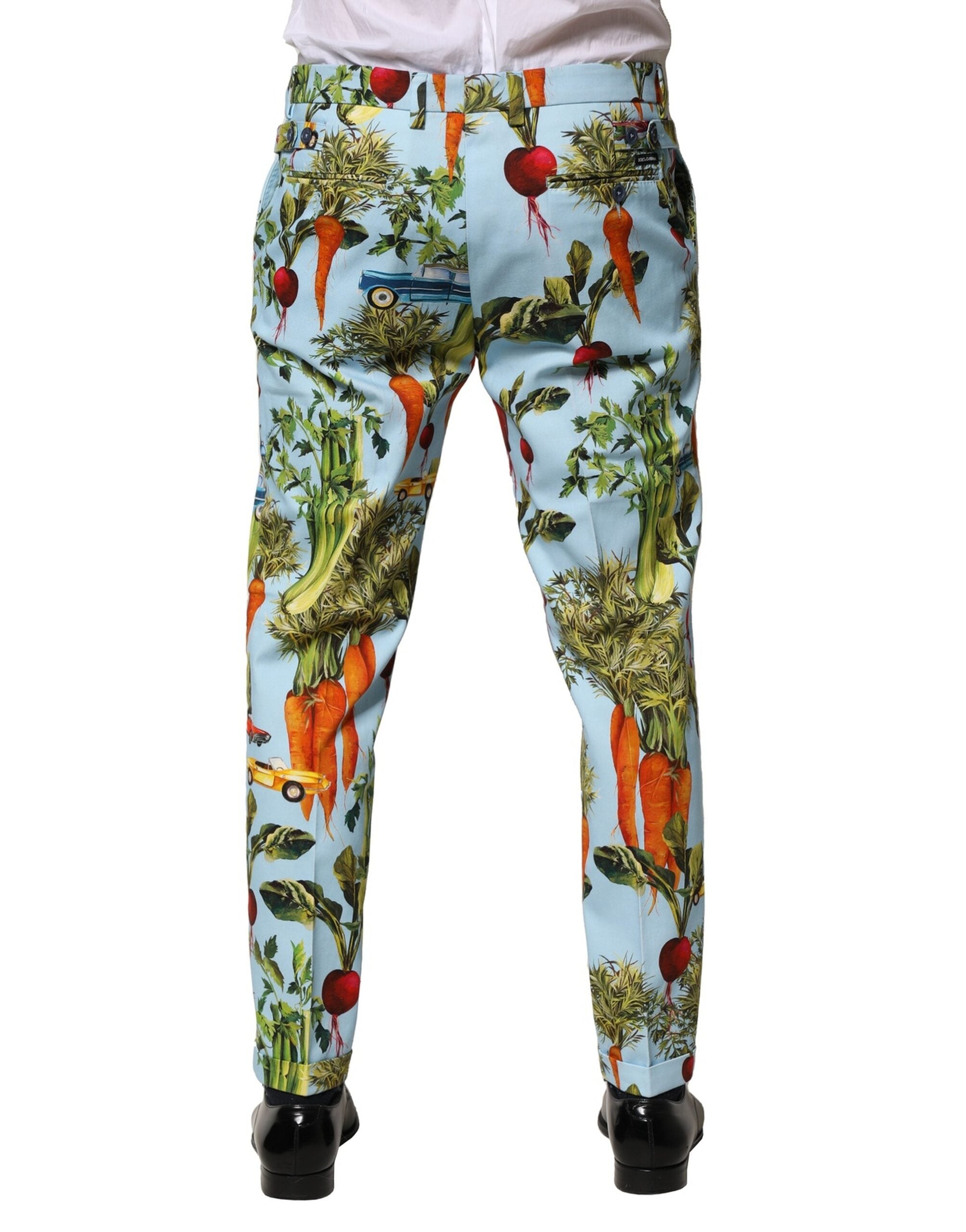 Pantalons hommes Dolce & Gabbana en coton multicolore, coupe tapered, visibles en détail sur l'image.