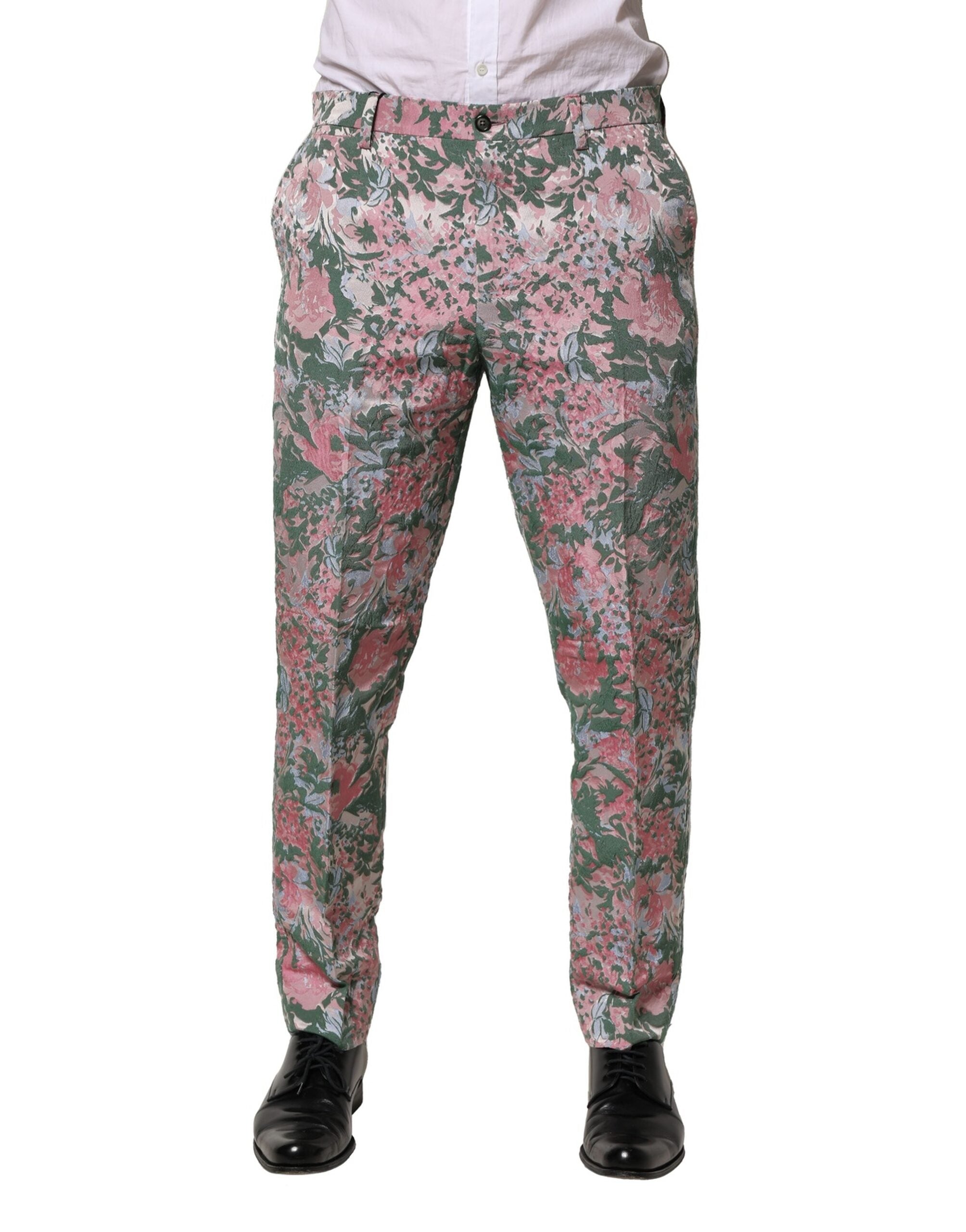 Pantalons en jacquard multicolore à motif floral Dolce & Gabbana, vue de face, détails colorés et texture élégante.
