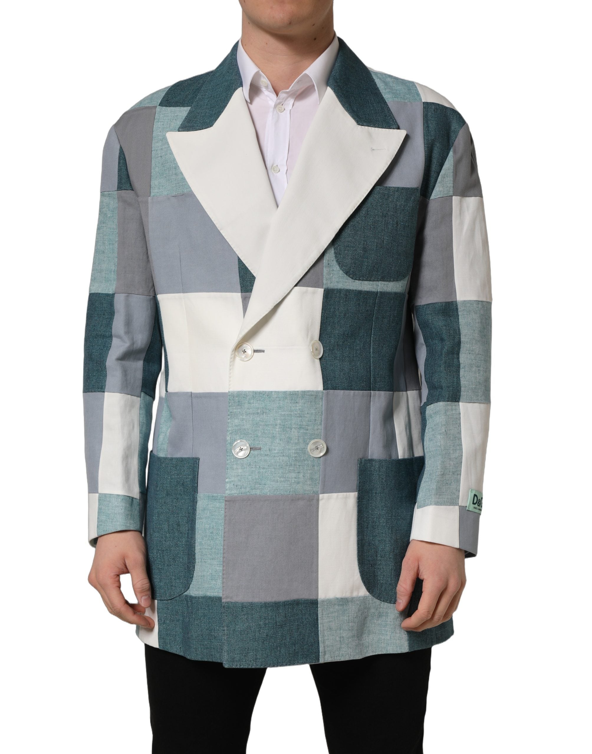Veste en lin à carreaux multicolores Dolce & Gabbana, à double boutonnage, style élégant et sophistiqué.