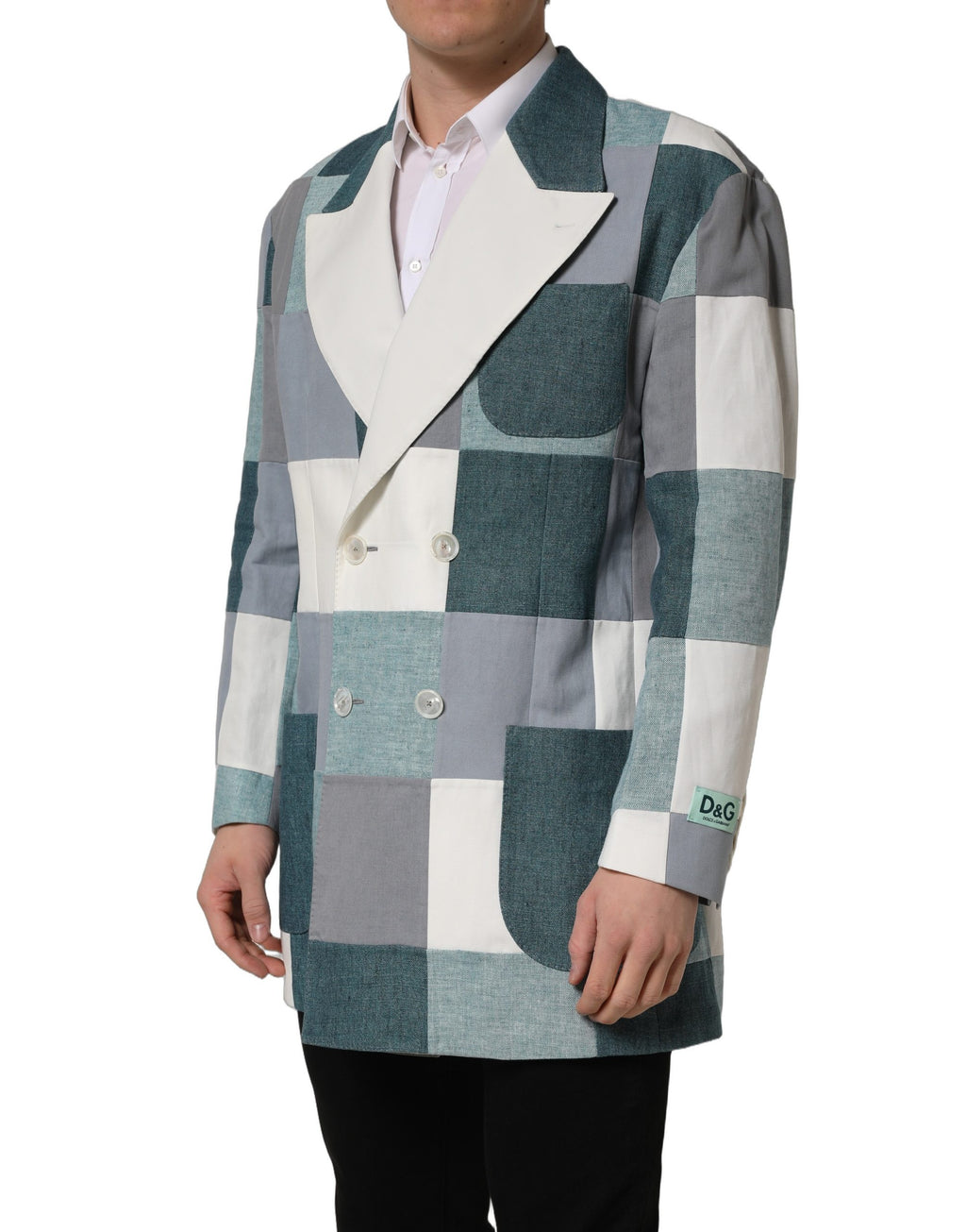 Veste en lin Dolce & Gabbana à patchwork multicolore à double boutonnage, style élégant et moderne.
