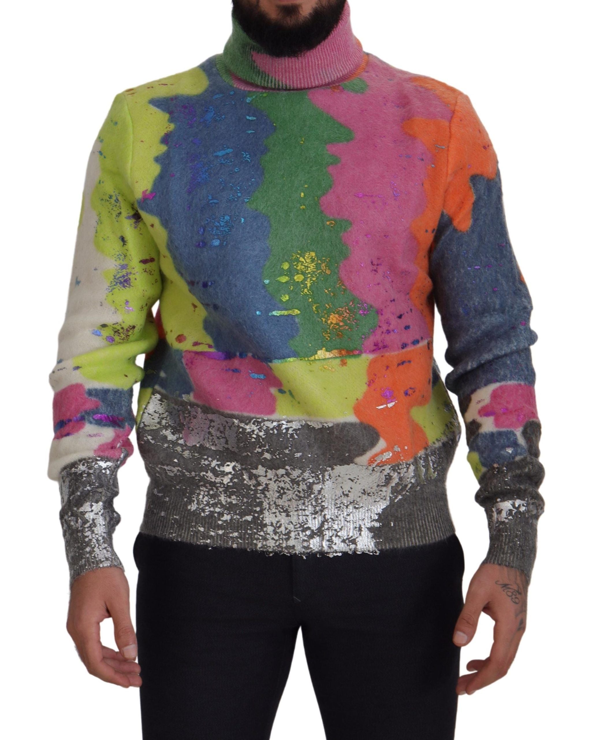 Pull en maille en mohair multicolore Dolce & Gabbana avec col roulé, détails colorés et texture douce visible sur le pull.
